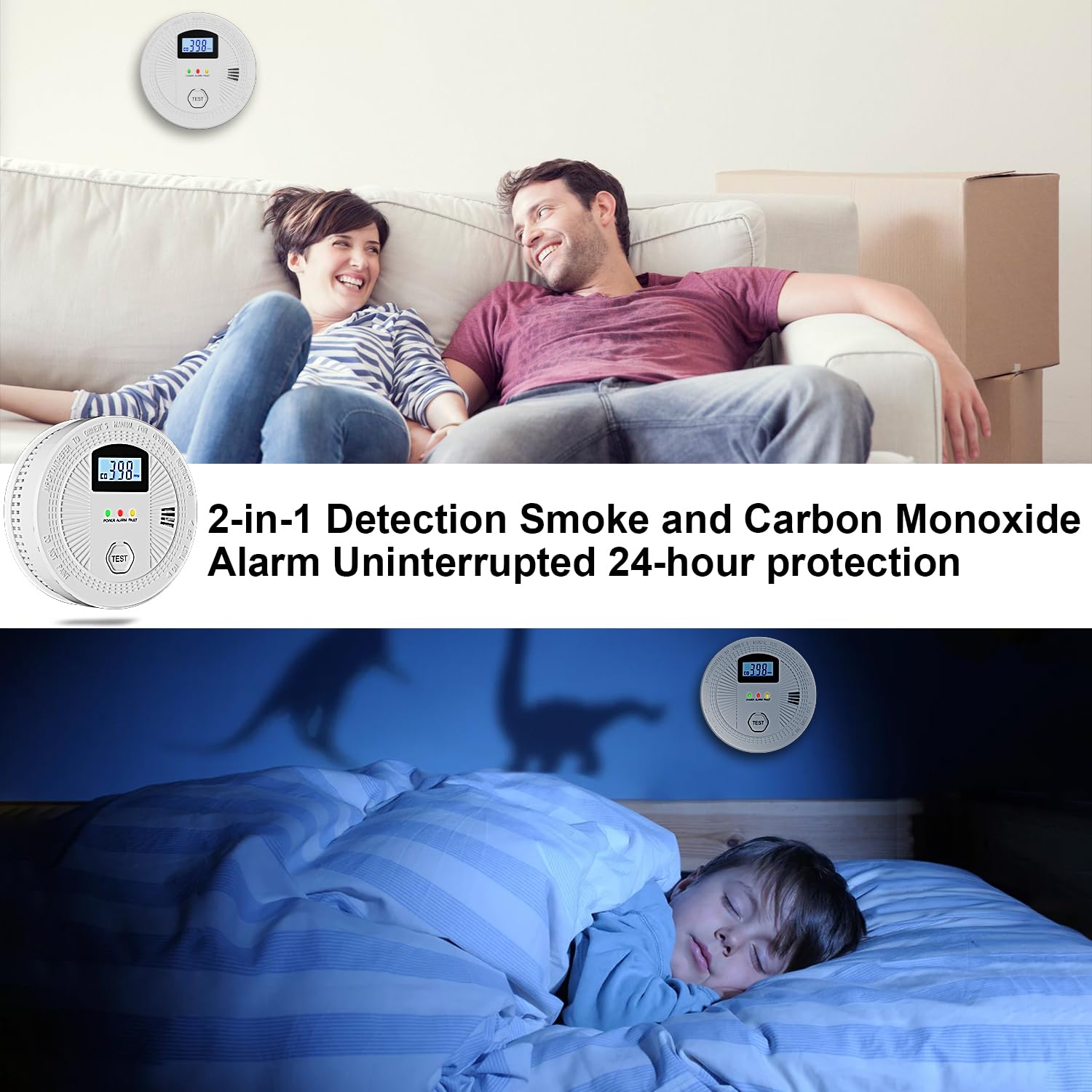 3 Pack Combination Photoelectric Smoke and Carbon Monoxide Alarm Detector with Digital Display; Battery-Operated Smoke Carbon Monoxide Alarm