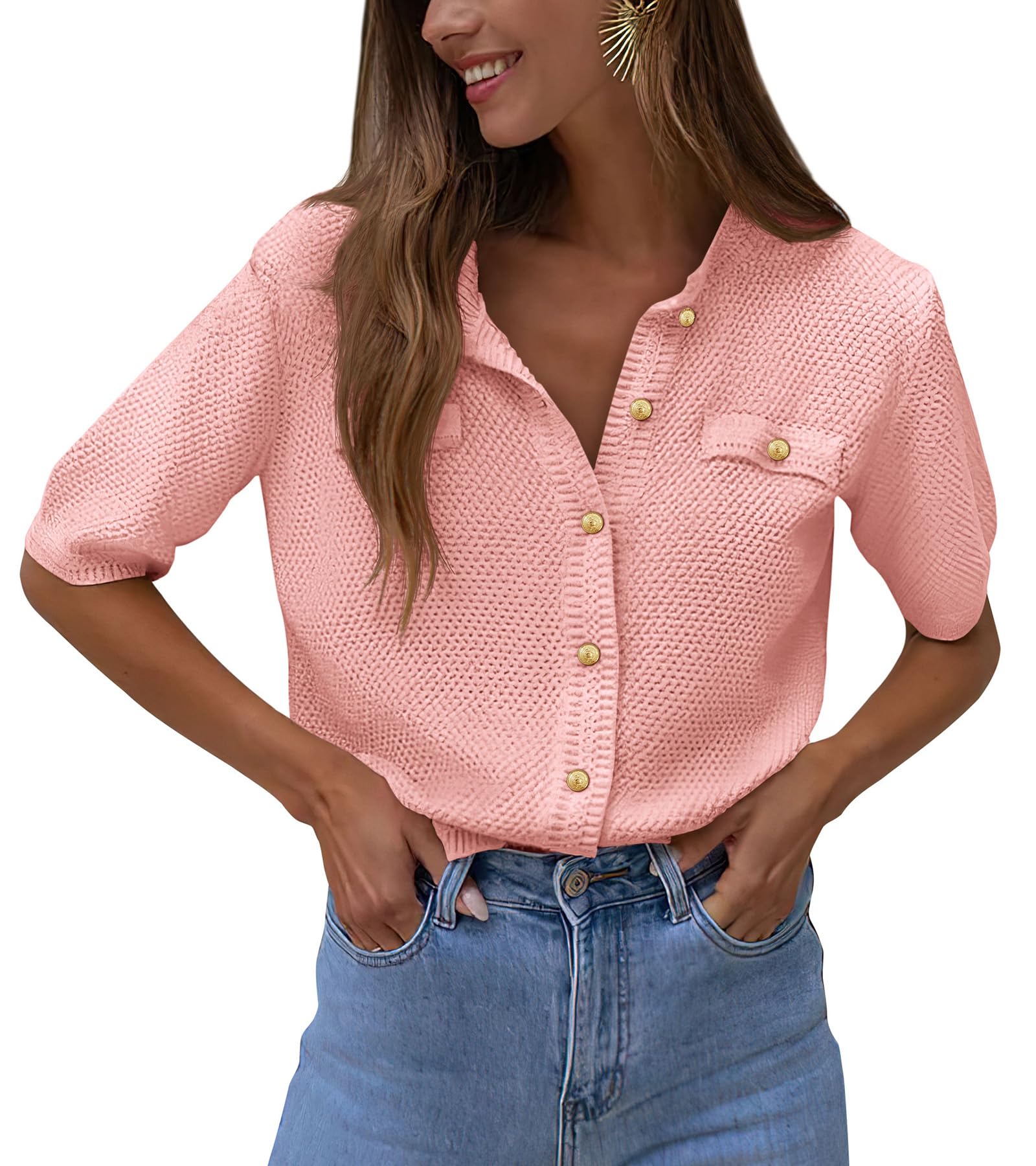 PRETTYGARDEN Women's Summer Button Down Shirts Casual Short Sleeve Crew Neck Ribbed Knit Blouse Top Cardigans (Light Pink,Medium)