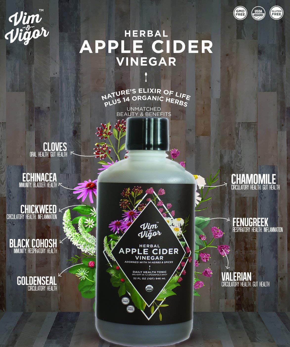 Tonic, Vim & Vigor, 32 shots, Apple Cider Vinegar, 14 herbs, Vegan, Whole, Organic, Paleo, Keto, Whole 30, USA Made