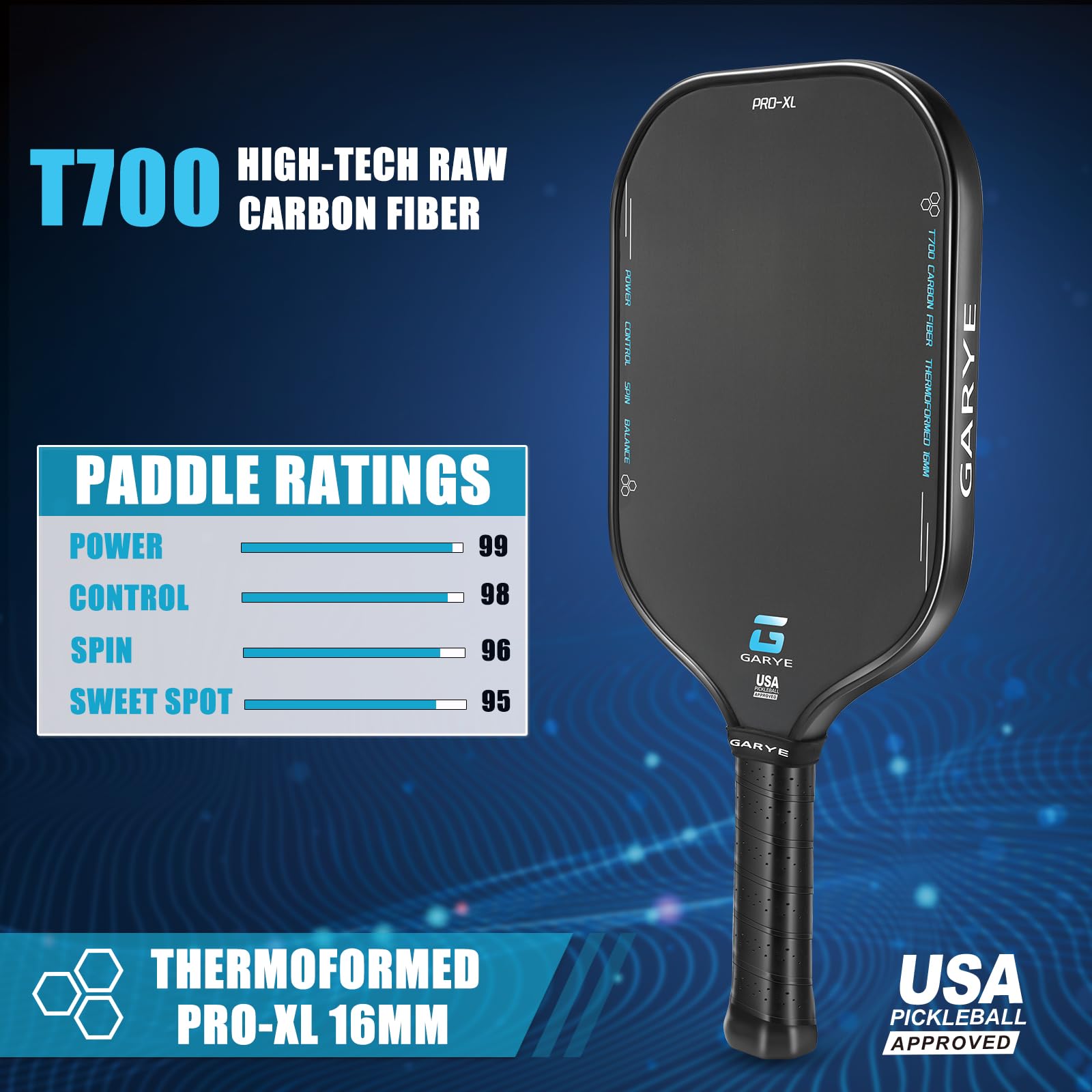 GARYE Pickleball Paddles, 16MM T700 Thermoformed Raw Carbon Fiber Pickleball Paddle, Great Grit & Spin, USAPA Approved PRO-XL Pickle Ball Rackets Set with Power, Control and Balance,2 colors, 1 Cover