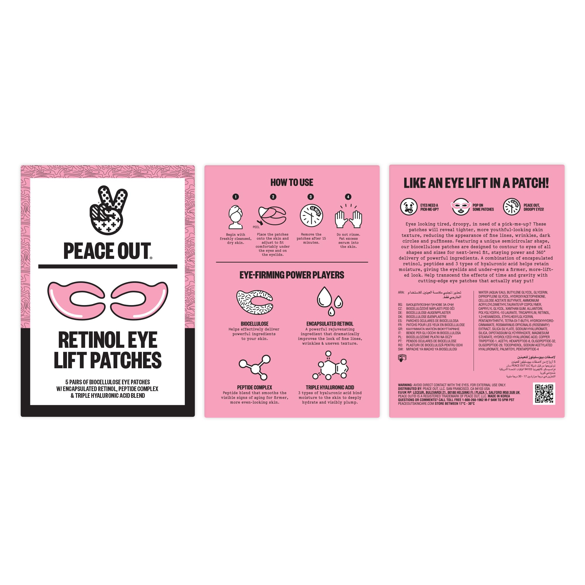 PEACE OUT Retinol Eye Lift Patches, 360° Biocellulose Eye Mask with Encapsulated Retinol & Peptides, Firming and Smoothing Eye Patches for Fine Lines, Wrinkles, 5 Pairs