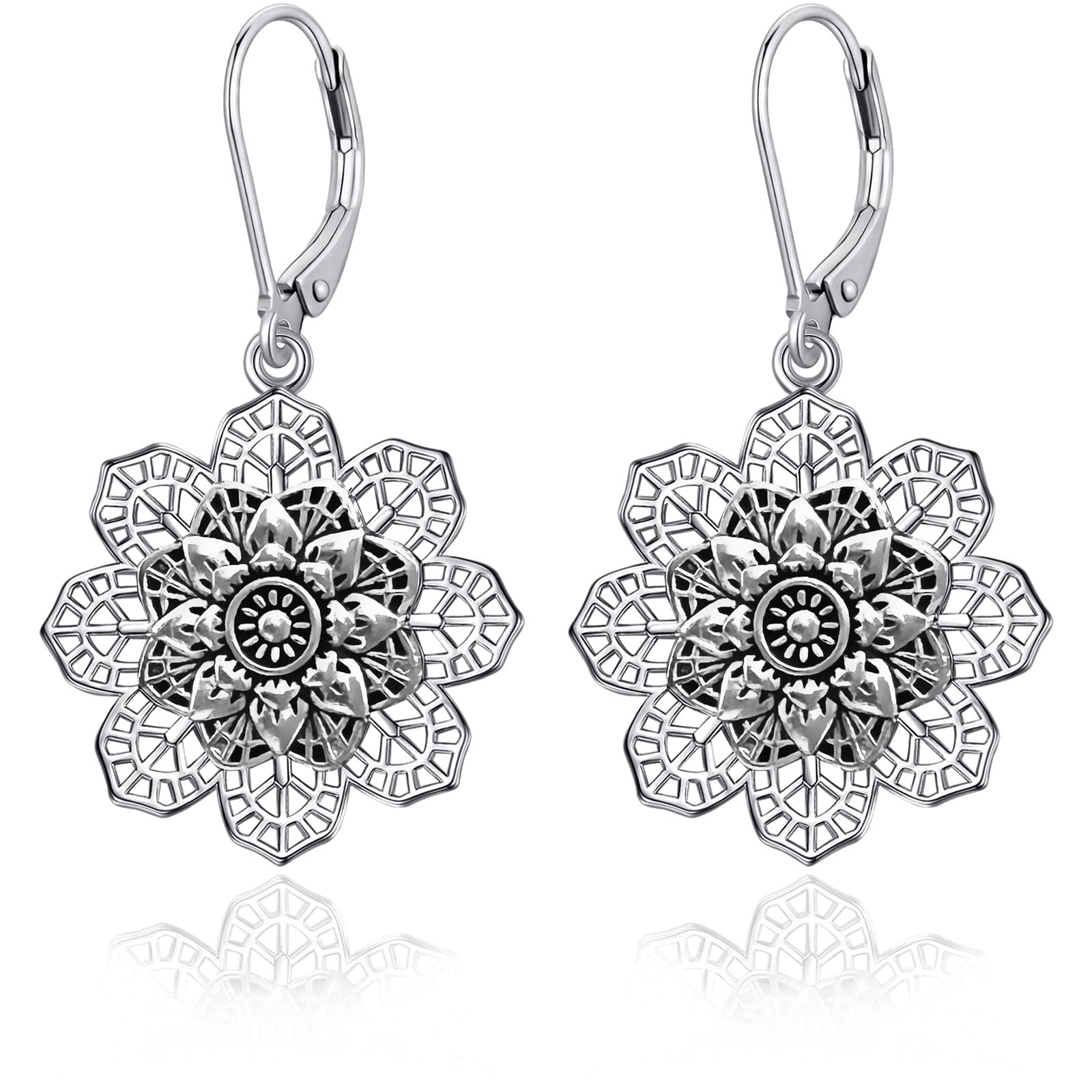 Fiklon Boho Vintage Flower Earrings for Women, 925 Sterling Silver Leverback Hollow Bohemian Dangle Drop Earrings, Mandala Tribal Floral Earring Western Indian Jewelry