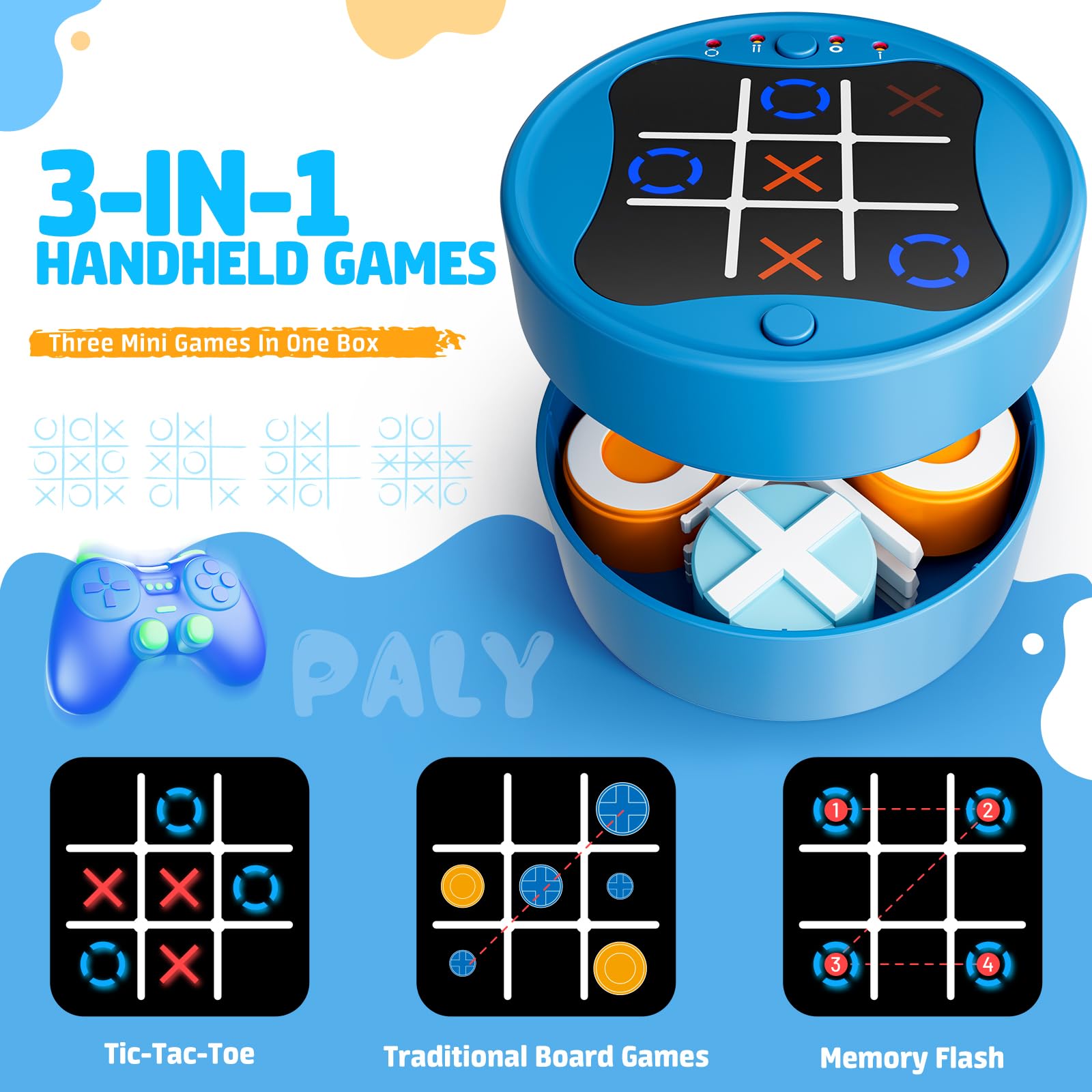 Huge Wave Tic Tac Toe Bolt Game, Electronic 3-in-1 Handheld Games Console for Kids Memory Growth, Portable Travel Games, Board Games for Kids and Adults, Christmas Birthday Gifts for Ages 3+