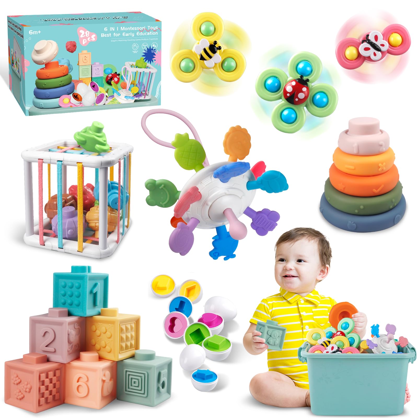 Baby Toys for 6 to 12 Months, Montessori Sensory Bins Toys for Toddlers 1-3, Pull String Teether Infants Bath Toys 6 in 1 Stacking Blocks Rings, Matching Eggs, Suction Cup Spinner Toy