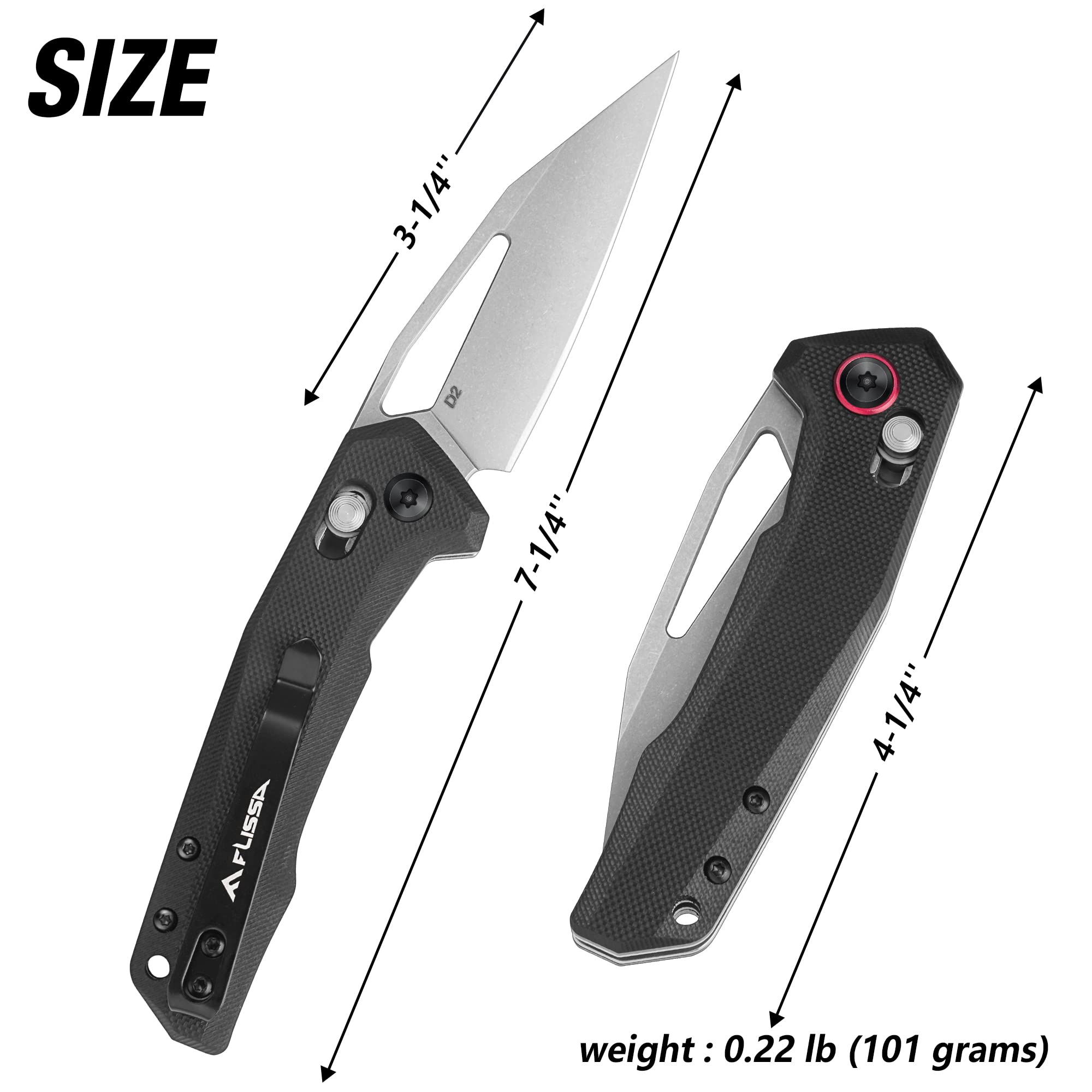 FLISSA Pocket Knife, Folding EDC Knife, 3.25 inch D2 Blade, Axis Lock, G10 Handle, for Outdoors, Hiking, Camping, Black