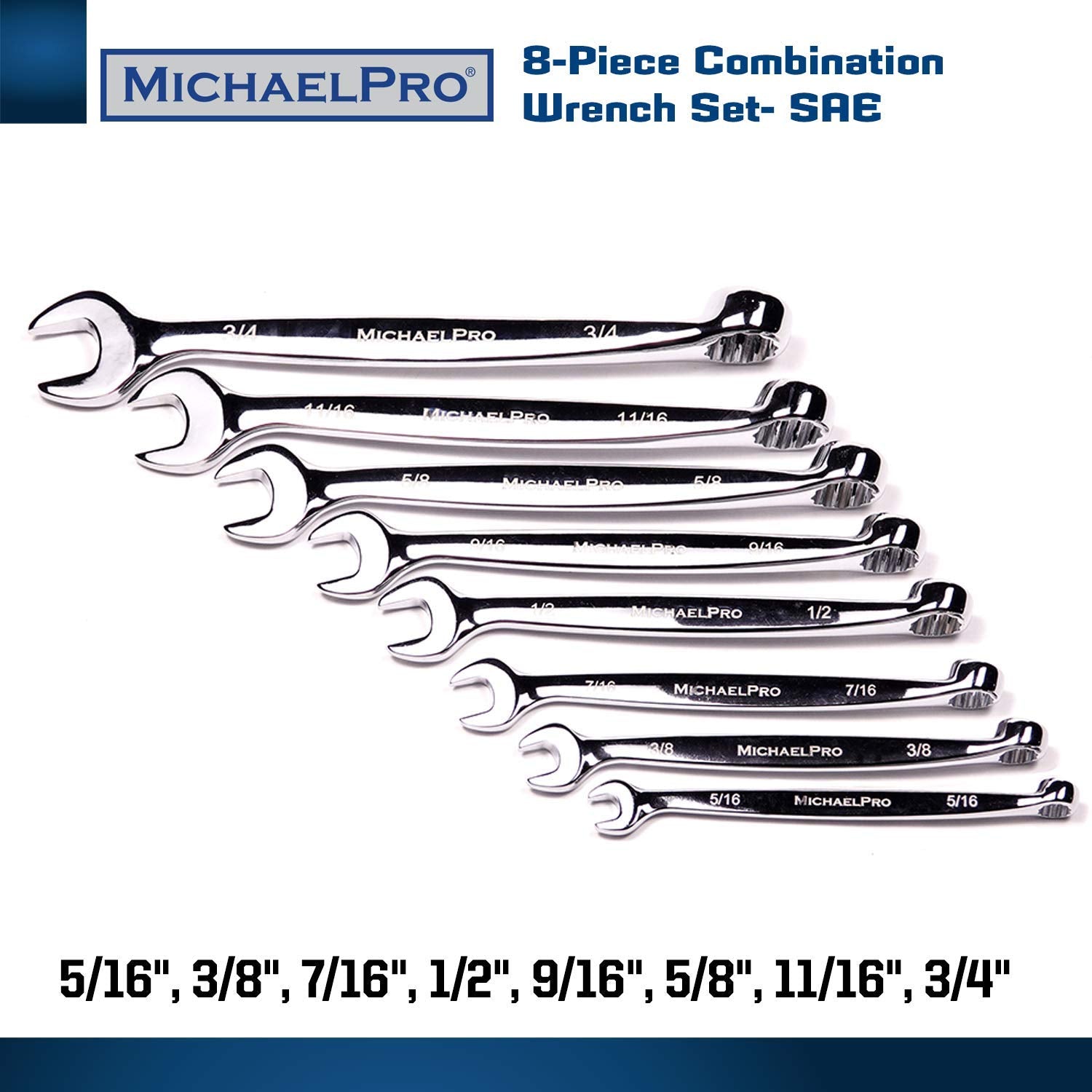 MichaelPro MP001014 8-piece SAE Combination Wrench Tool Set, Patented Spiral Grip Design Spanner Set, 15 Degree Offset Wrench Set at Open End, SAE Wrench Set for Mechanic