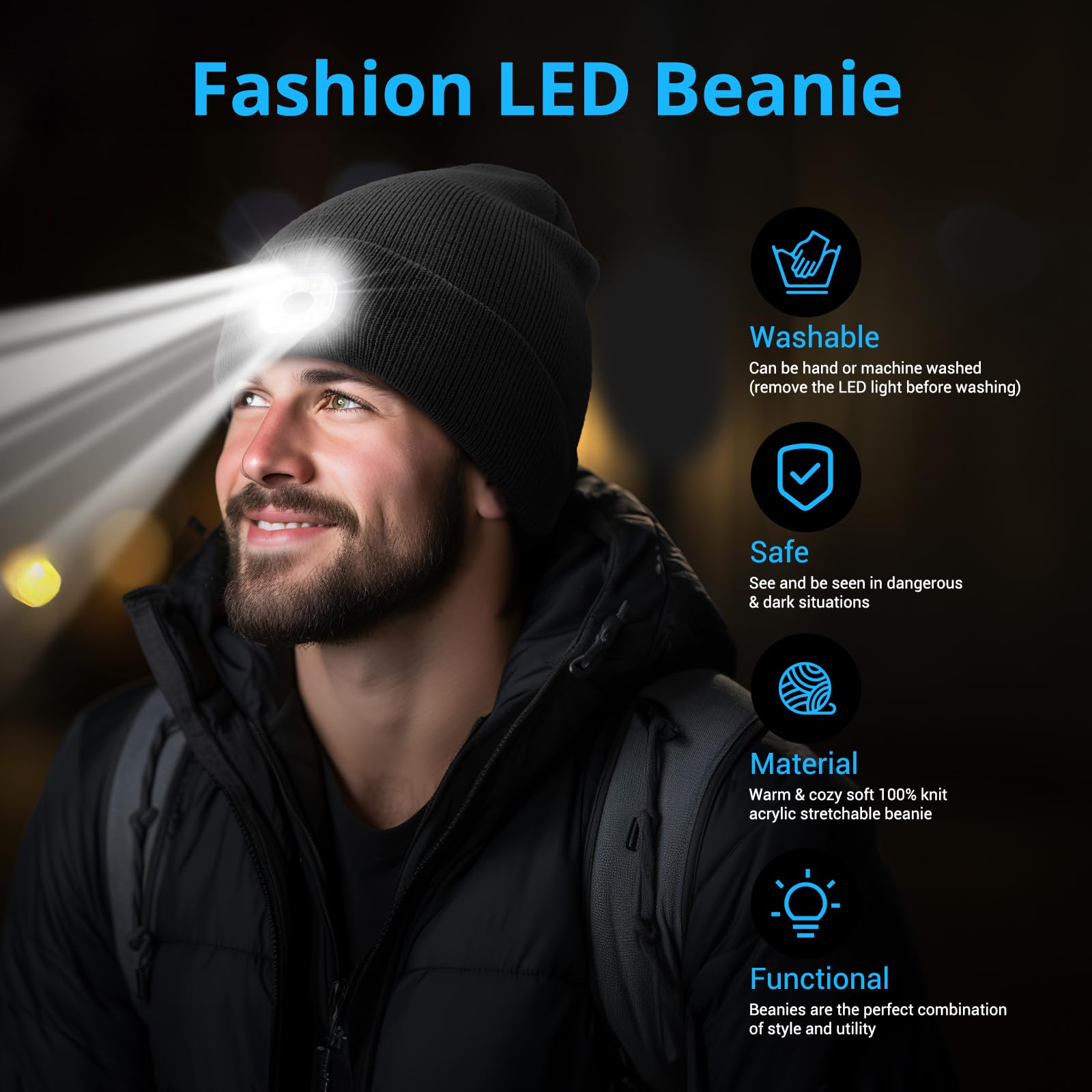 Beanie Hat Built-in Light Rechargeable LED Cap Soft Acrylic Knitted Winter Skullcap for Men Women Gift Black