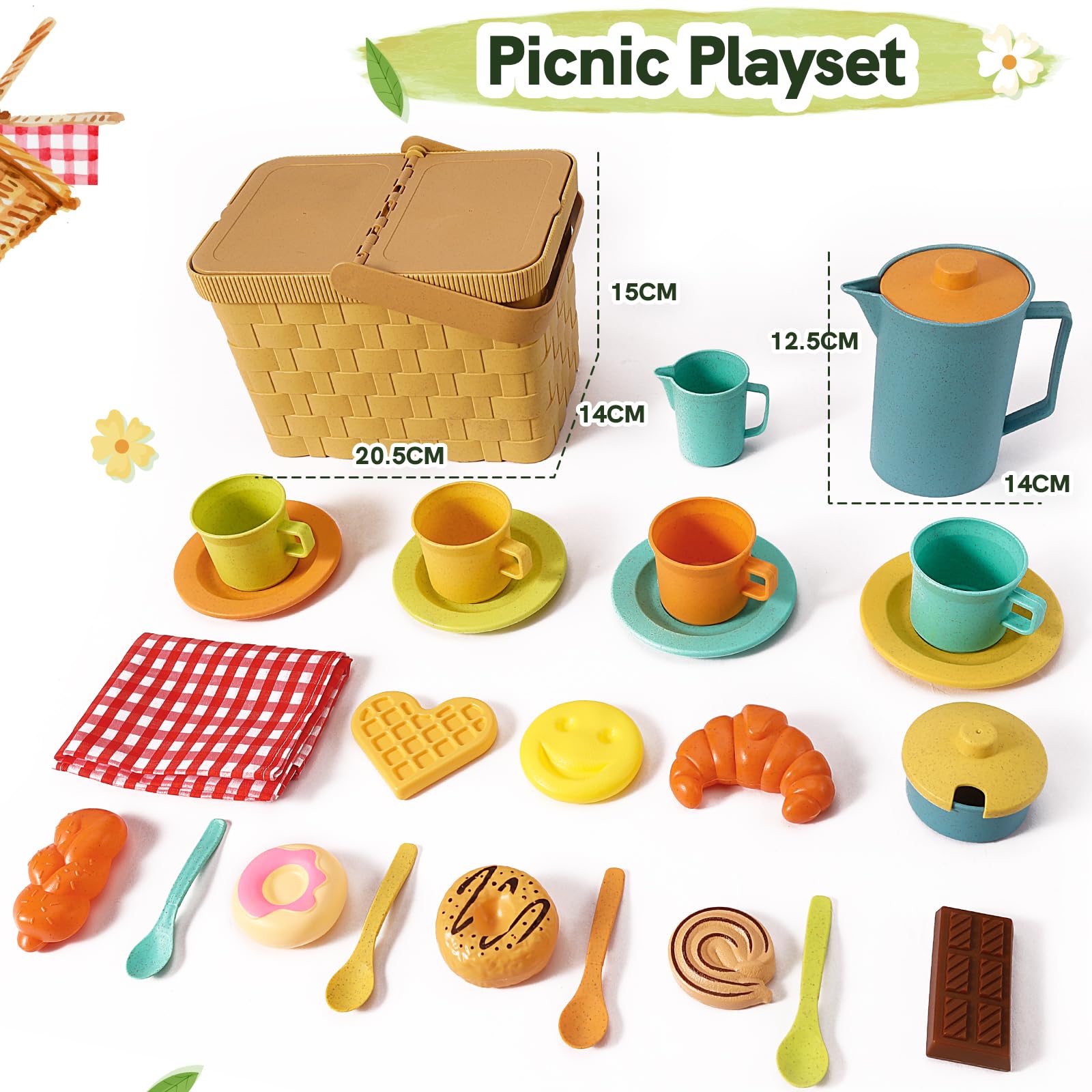HERSITY Picnic Basket Toys for Toddlers, Kids Play Tea Sets with Teapot Tea Cup Dessert Food and Mat, Pretend Play Kitchen Accessories Tea Party Set Little Girl Boy Age 3 4 5
