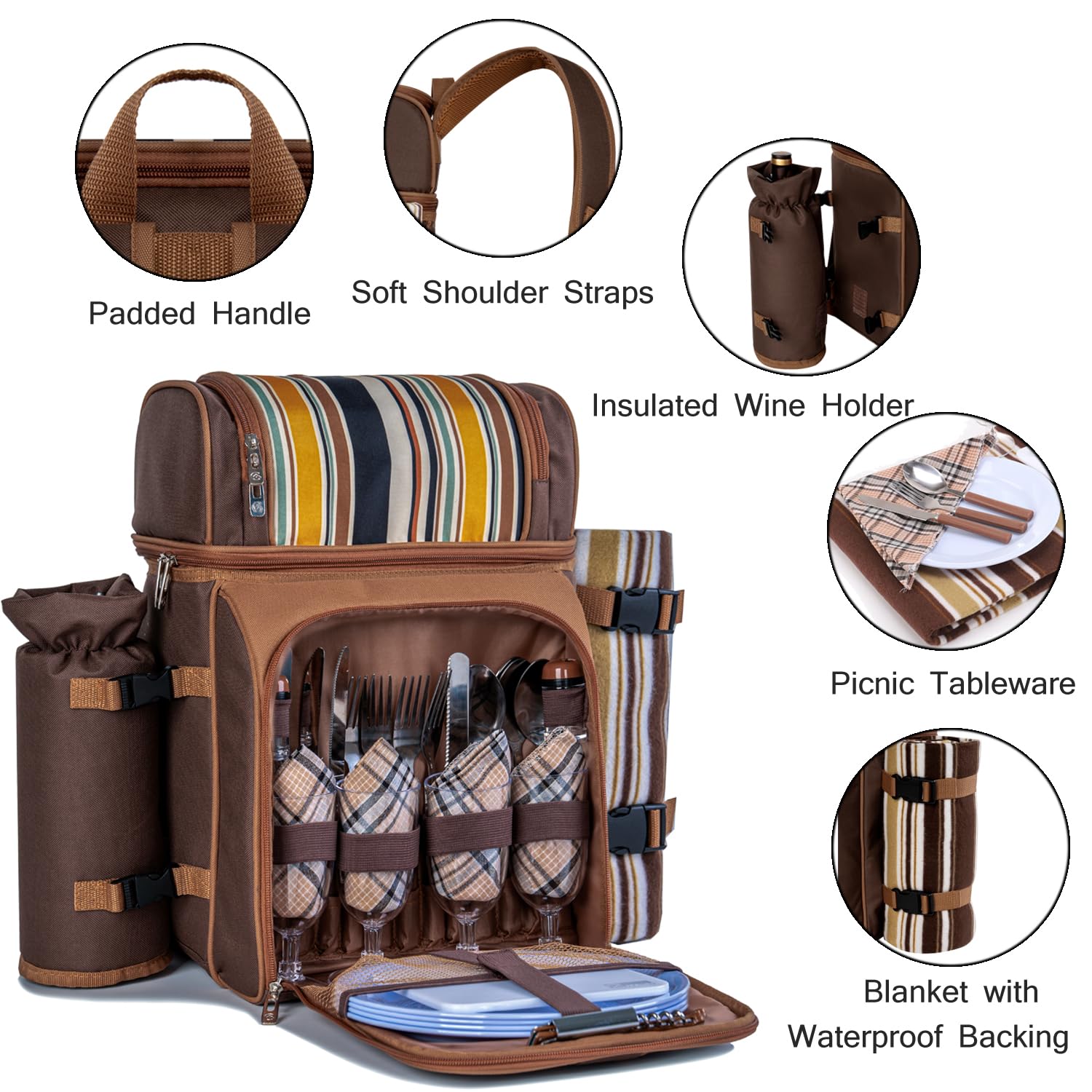 ALLCAMP Picnic Basket Backpack Cooler for 4 Person with 2 Insulated Cooler Bag, Detachable Bottle/Wine Holder, Fleece Blanket, Plates and Cutlery for Family,Couple,Friend Gatherings and Gifts (Brown)