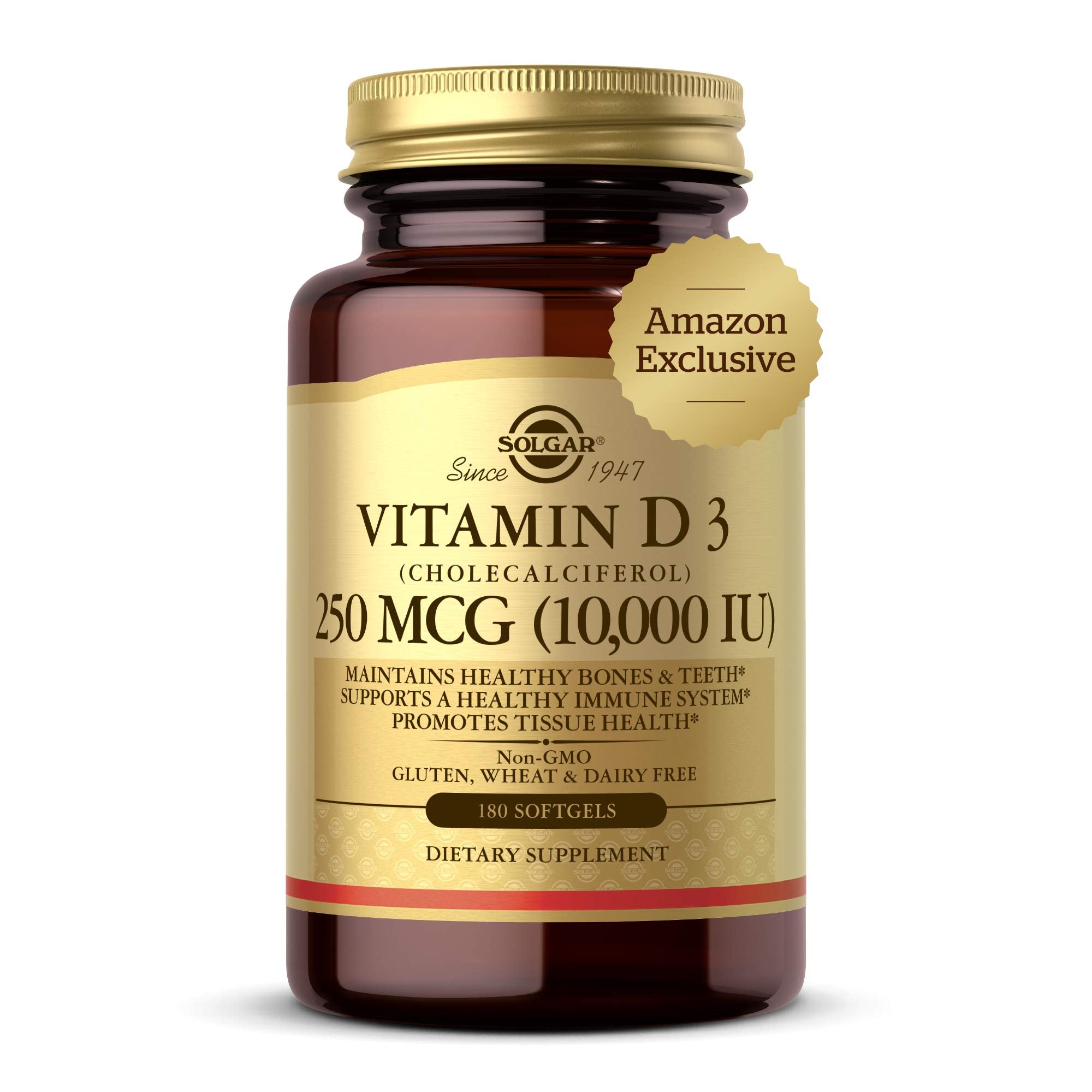 Solgar Vitamin D3 Cholecalciferol 250 MCG 10000 IU Softgels Helps Maintain Healthy Bones Teeth Immune System Support Non GMO Gluten, Dairy Free Servings, 180 Count