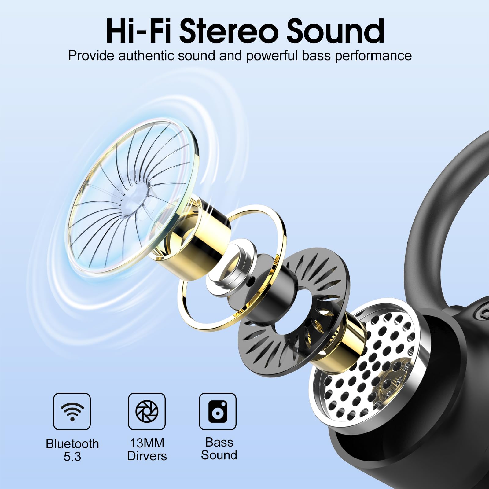 Wireless Earbuds, 2025 Ear Buds Bluetooth 5.3 Headphones Sport, 50H Playtime Bluetooth Earbuds, HD Stereo Noise Cancelling Earbuds, Dual LED Display, IP7 Waterproof Earphones Android IOS, Pitch Black