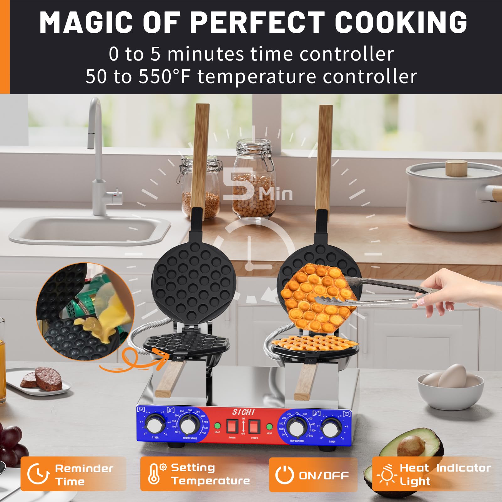 SICHI Bubble Waffle Maker Machine with 550℉Heating and Timer Control,7'' x 8'' Large Egg Pancake Double-sided Egg Waffle Maker with Nonstick,Commercial double-head Waffle Maker for Restaurant Kitchen