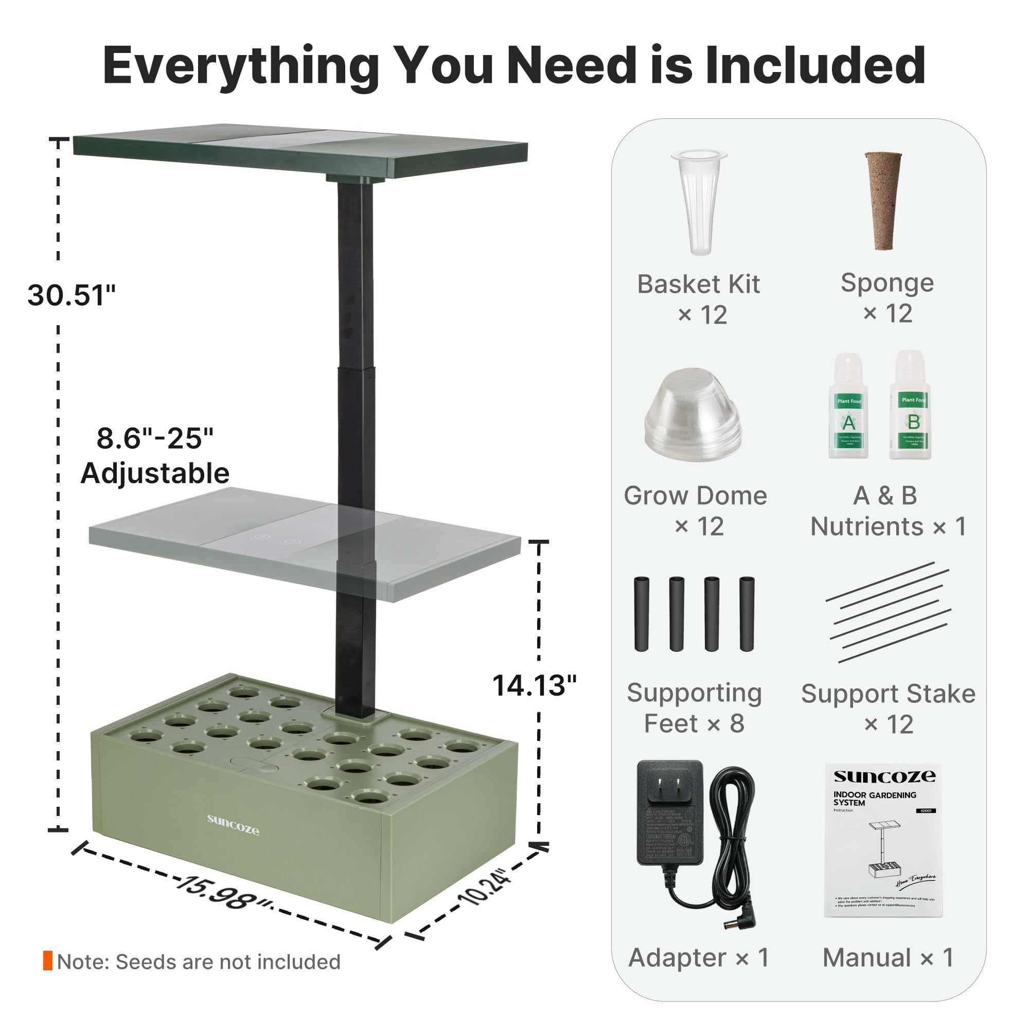 SUNCOZE Hydroponics Growing System Kit 20 Pods, Indoor Herb Garden with Grow Light 30W, 10L Large Water Tank with Adjustable Height to 25", Built-in Pump, Gardening Gifts, Avocado Green