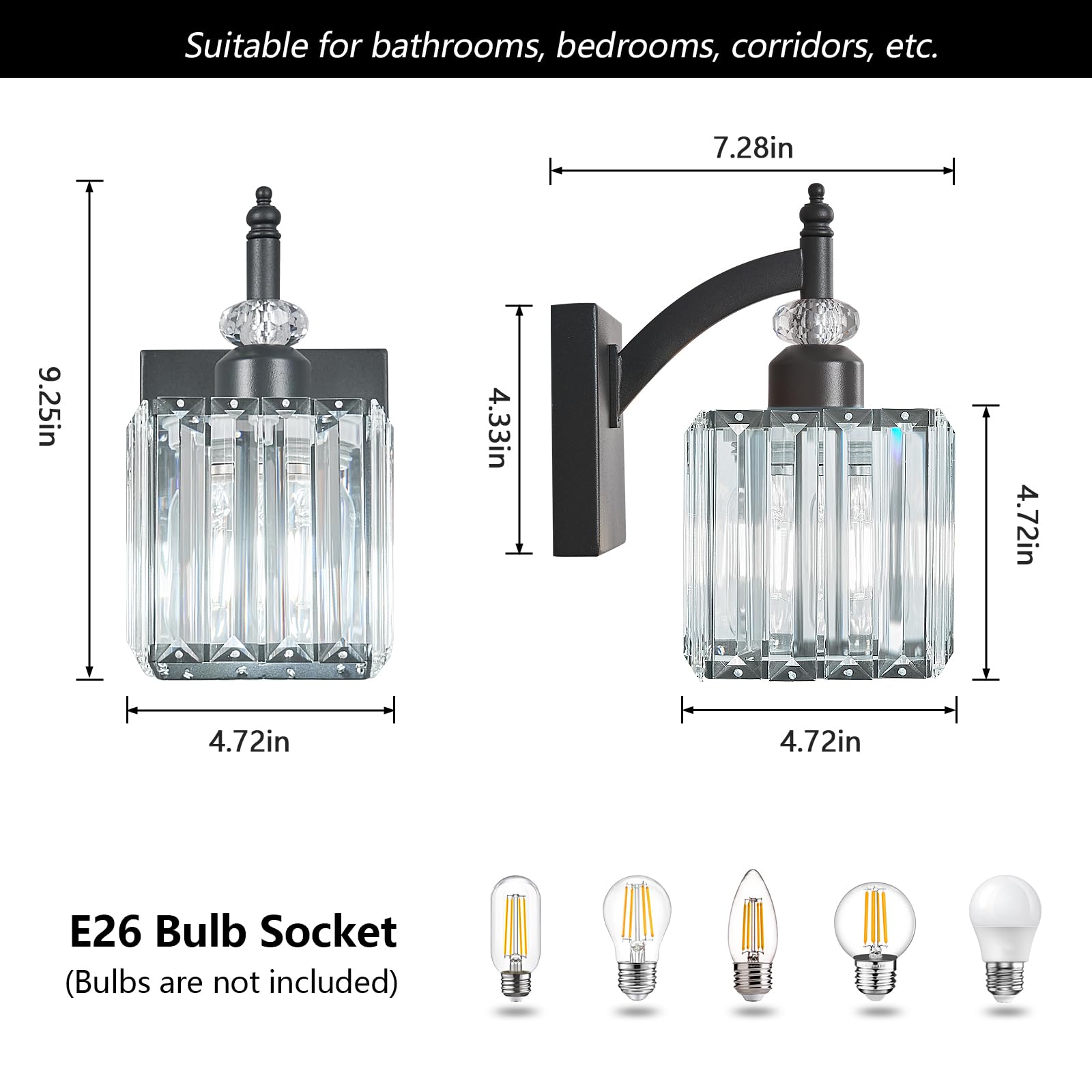 BBLLWJ Modern Wall Sconces Set of Two Black Wall Sconces Indoor Wall Lamp Crystal Wall Light Wall Mounted Room Sconce Wall Lighting Bathroom Vanity Light Fixtures