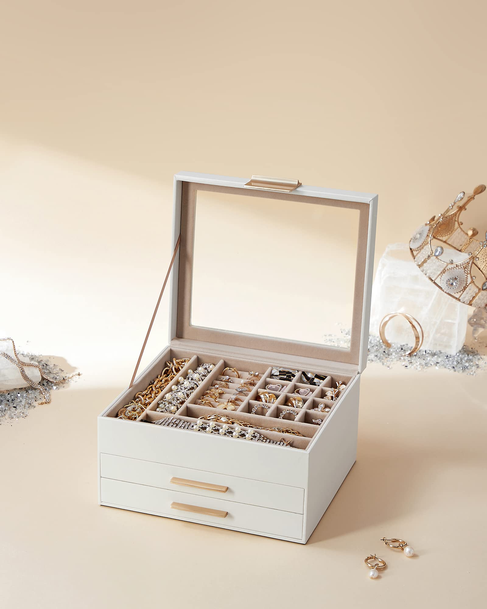 SONGMICS Jewelry Box with Glass Lid, 3-Layer Jewelry Organizer, 2 Drawers, for Big and Small Jewelry, Jewelry Storage, Mother's Day Gifts, 8 x 9.1 x 5.3 Inches, Cloud White and Gold Color UJBC239WT