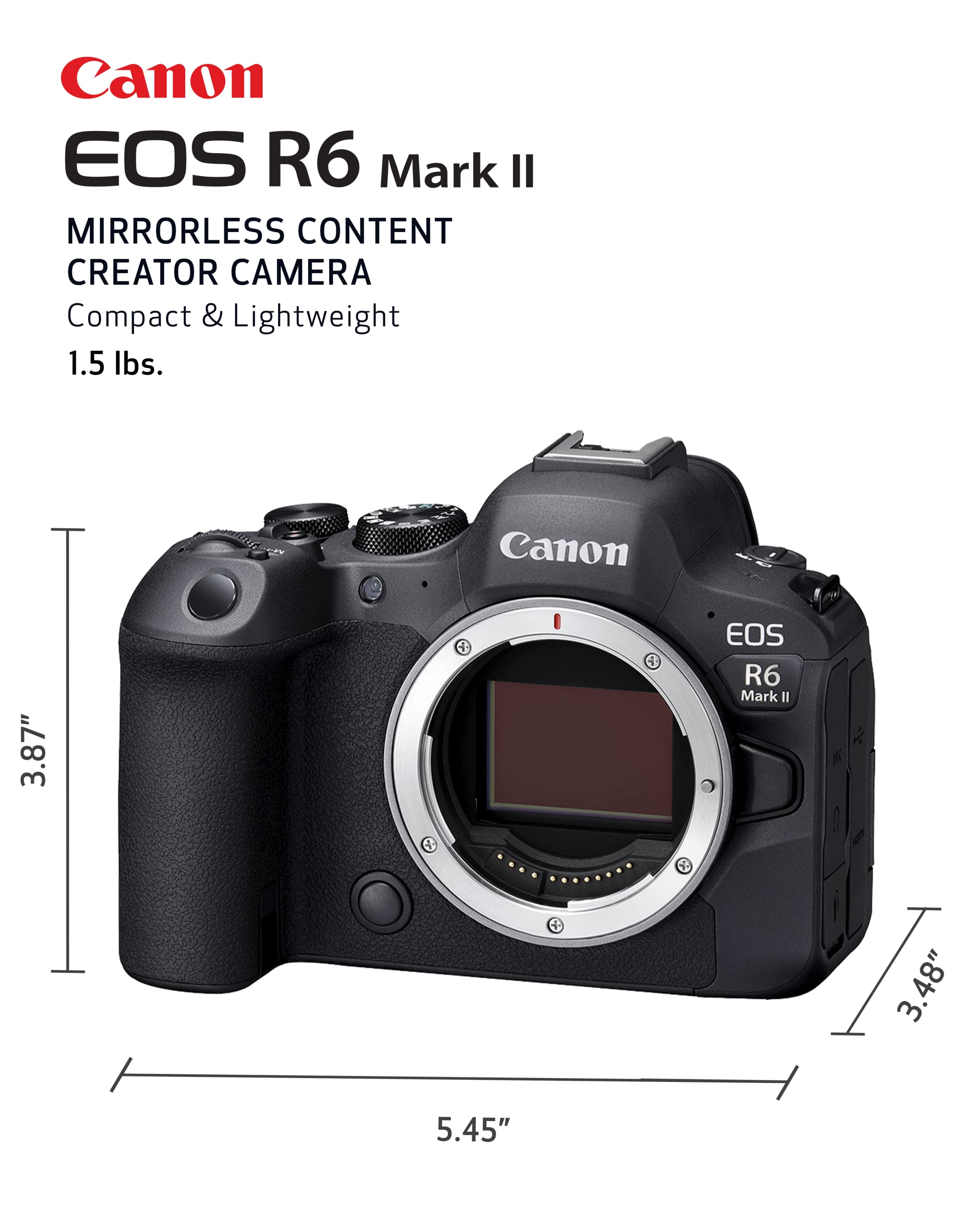 Canon EOS R6 Mark II Mirrorless Camera (Body Only), Full-Frame Camera, 24.2 Megapixel CMOS Sensor, Photo and Video Capabilities, Black