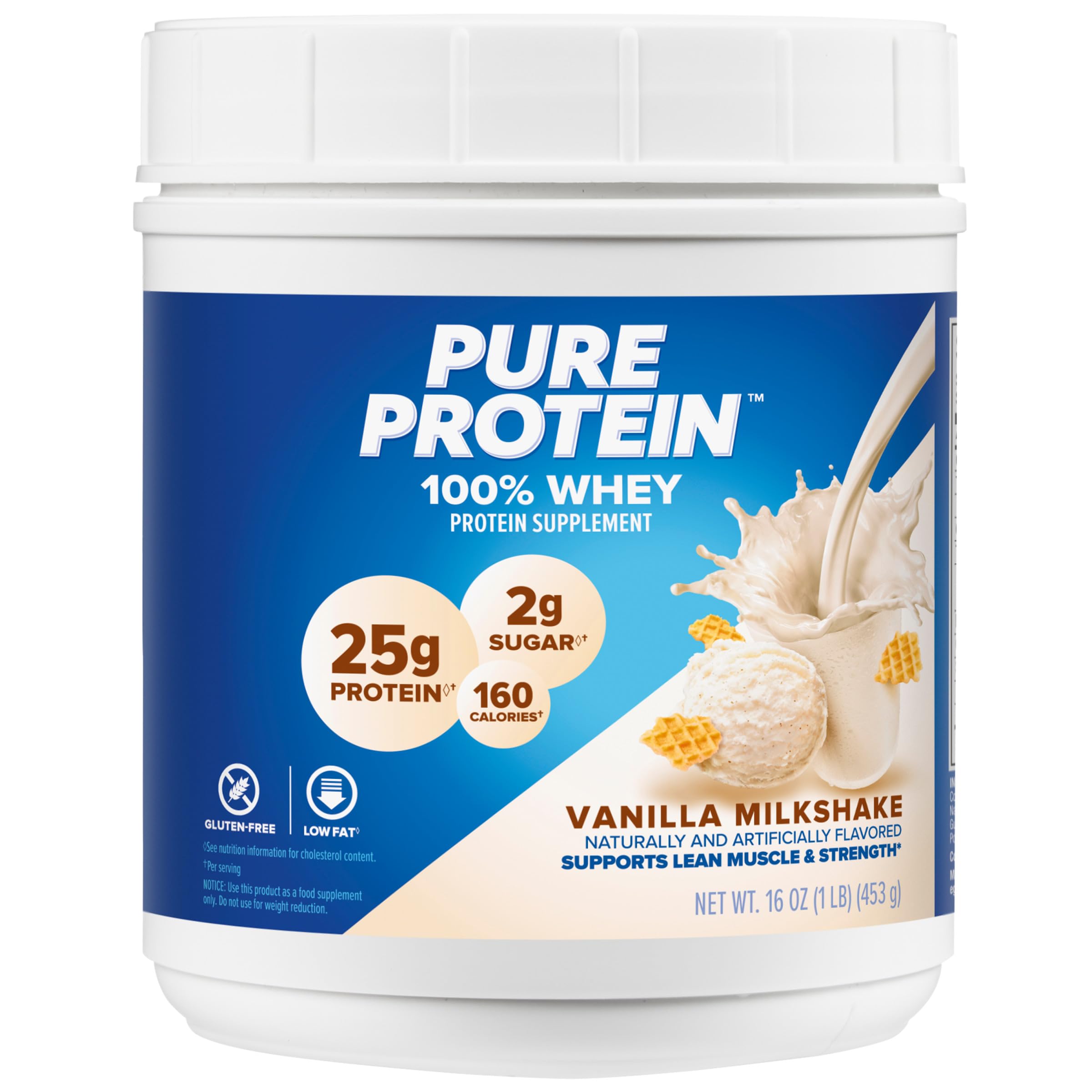 Pure Protein Powder, Whey, High Protein, Low Sugar, Gluten Free, Vanilla Cream, 1 lb