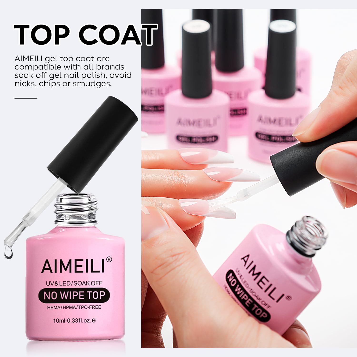 AIMEILI Gel Nail Polish Hema Free No Wipe Top and Base Coat Set, Cruelty Free, Vegan, Shine Finish and Long Lasting, Soak Off Gel Nail Lacquer - 2 x 10ml