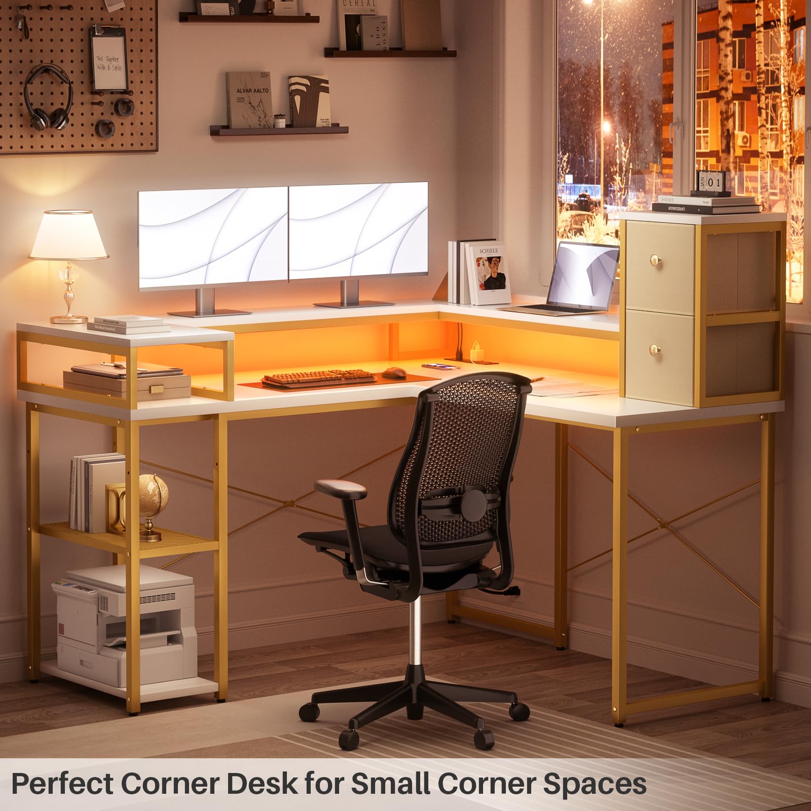 armocity L Shaped Desk with Drawers, Reversible Corner Computer Desk with LED Light & Power Outlet, 55.2'' L-Shaped Gaming Desk with Long Monitor Shelf, Home Office Desk for Small Corner Space, White