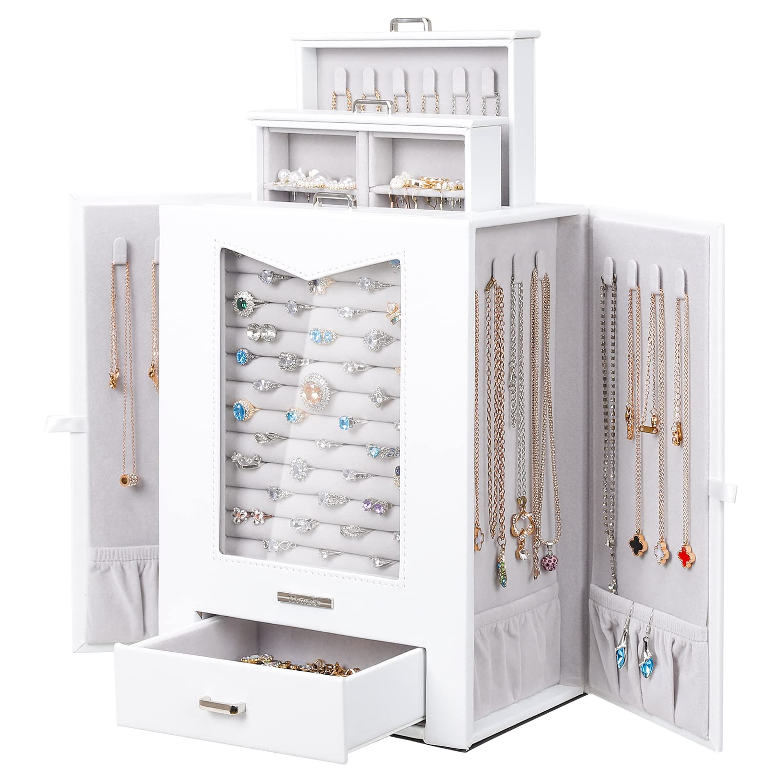 Homde Jewelry Organizer with Transparent Window Necklace Hooks Gift for Women Jewelry Box Display Case for Necklaces Rings Earrings Bracelets and Other Jewelry Accessories (White)