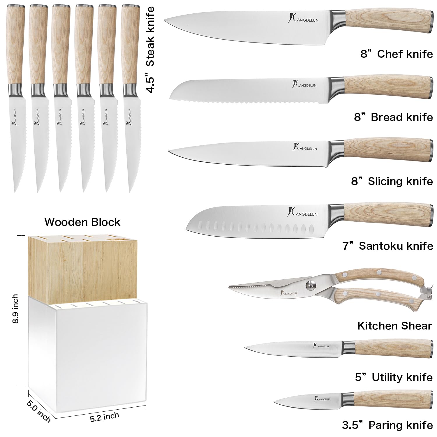 Kangdelun 14 PCS White Block Knife Set, Ultra Sharp High Carbon Stainless Steel, Wood Handle