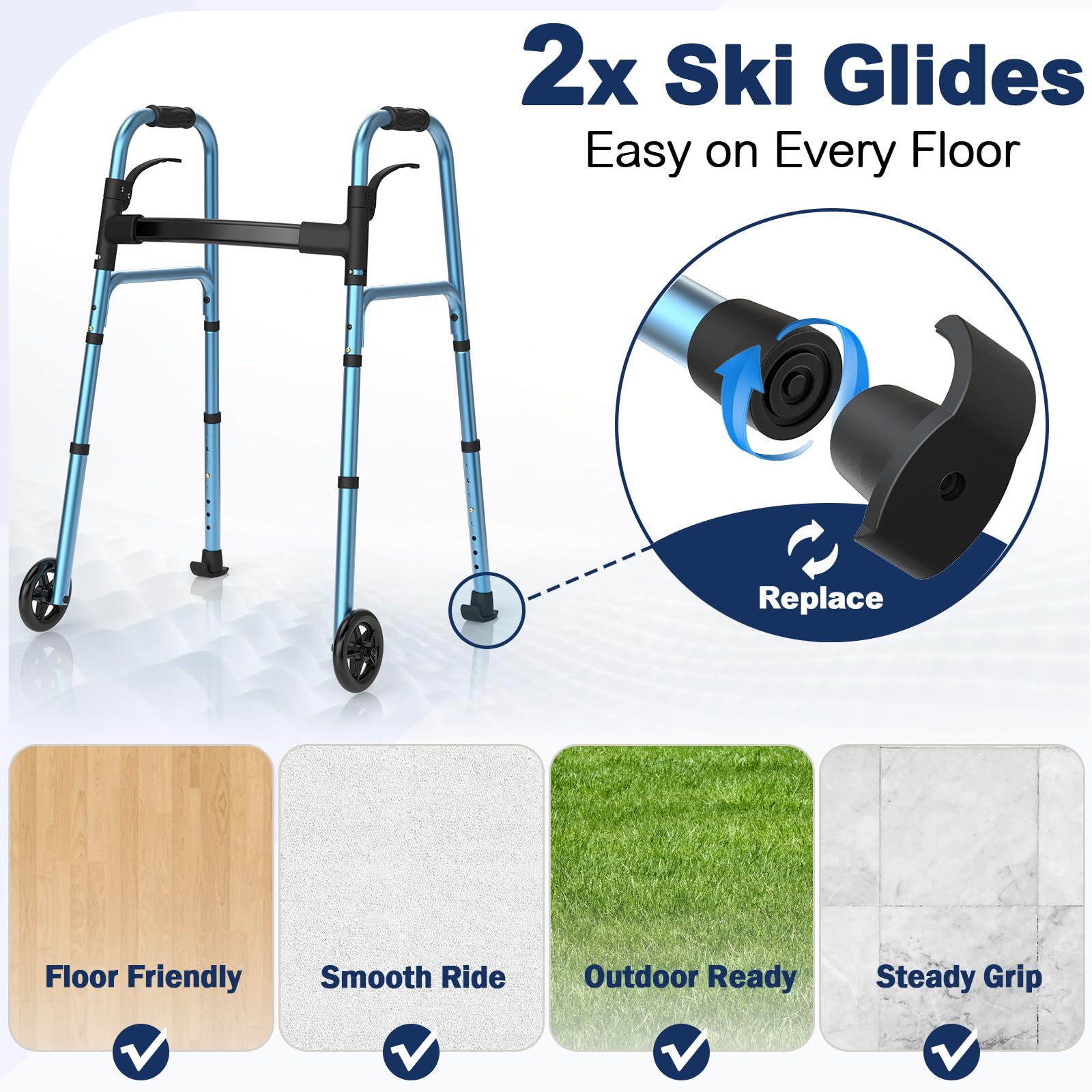 HolyHeal Walkers for Seniors, Folding Walker with Wheels and 2 Skis, Lightweight Rolling Walker Supports Up to 350 Pounds, Adjustable Height, Adult Compact Standard Walkers with Aluminum Frame, Blue