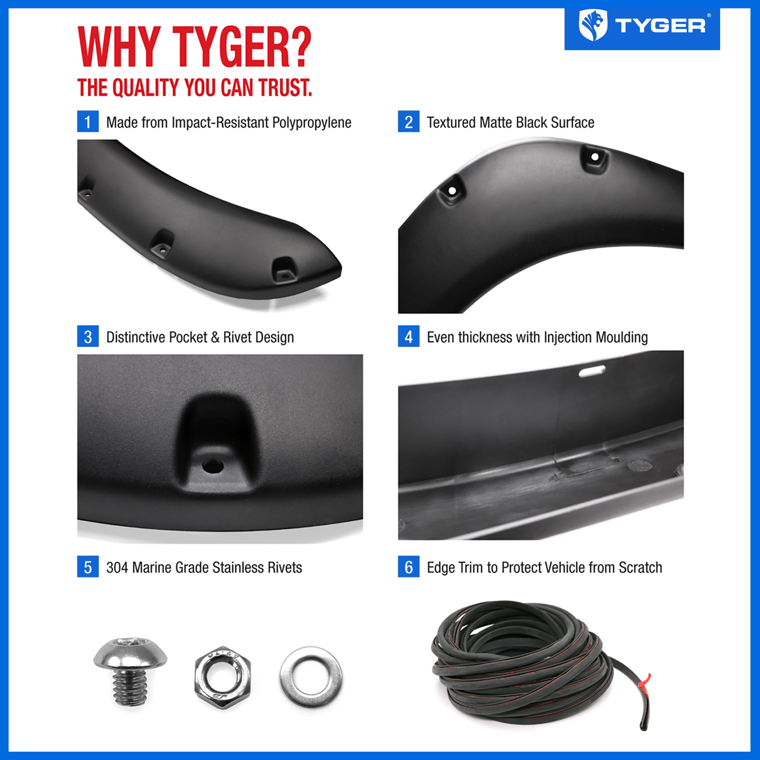 Tyger Auto Fender Flares Compatible with 2002-2008 Dodge Ram 1500; 2003-2009 2500 3500 (Not Fit 06-09 8ft Bed Models), Fine-Textured Paintable Bolt-Riveted Style 4pc | TG-FF8D4078