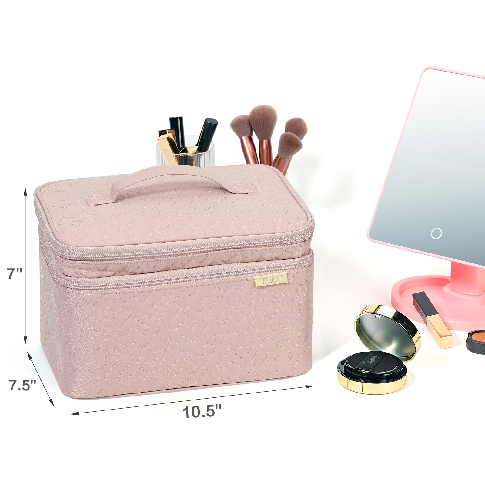 NISHEL Large Double Layer Travel Makeup Bag Women, Large Cosmetic Case, Organizer for Travel-Size Accessories Bottles, Brushes, Conditioner, and Skin Care Products, Pink