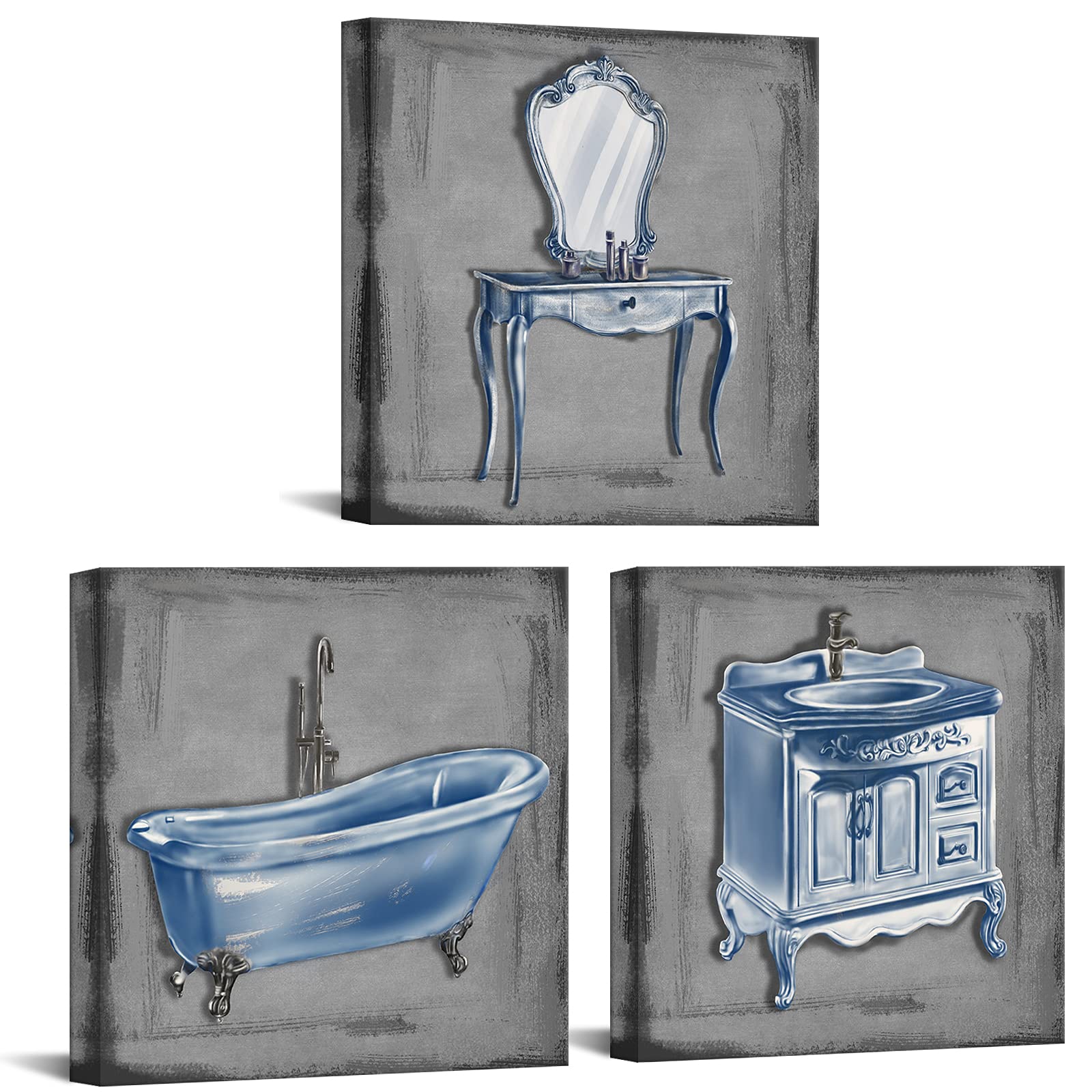 DuoBaorom 3 Pieces Bathroom Picture Wall Art Abstract Bathtub Vanity Set Wash Basin Grey and Blue Artwork for Bathroom Wash Room Decor Ready to Hang 12x12inchx3pcs
