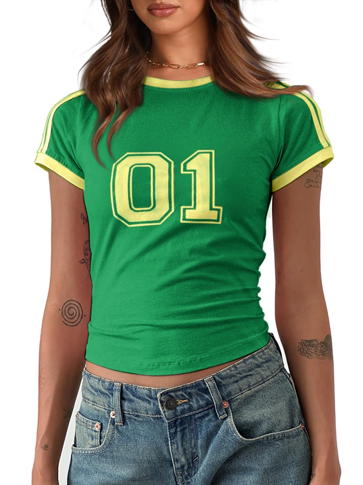 Imily Bela Womens Summer Crop Tops Y2k Baby Tees Cute Letter Print Short Sleeve Vintage T Shirt Green