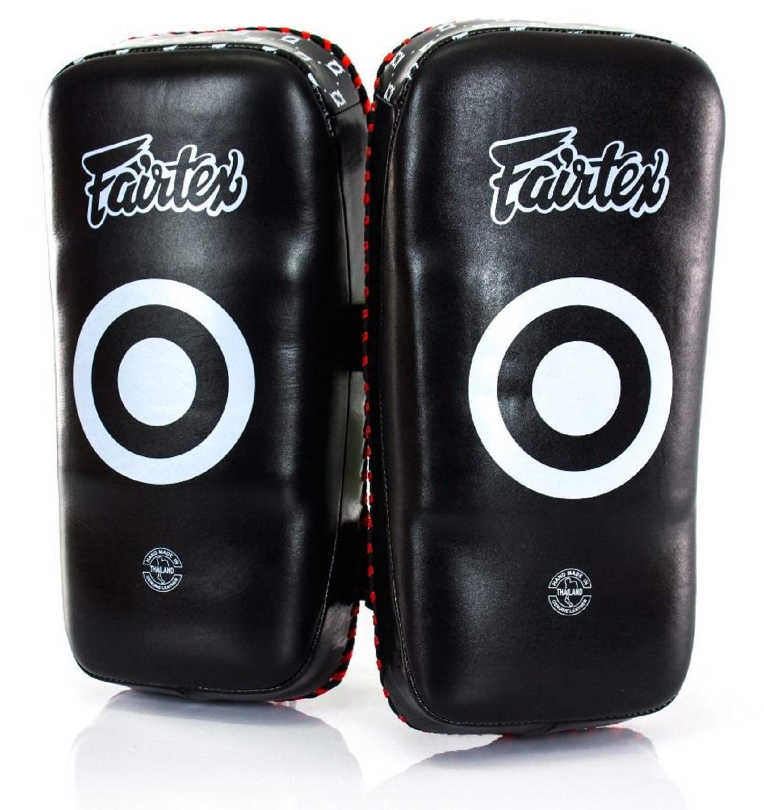 Fairtex KPLS2 Muay Thai Kick Pads Superior All Genuine Leather | Professional Training Pads for Boxing, MMA, and More | Cow Hide Leather, Curved Design, Hook & Loop Closure, Padded Straps (Black/Red)