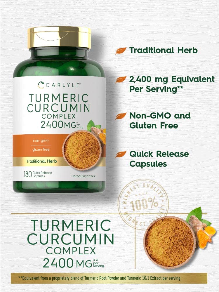 Carlyle Turmeric Curcumin Supplement 2400mg | 180 Powder Capsules | Herbal Complex | Non-GMO, Gluten Free Formula