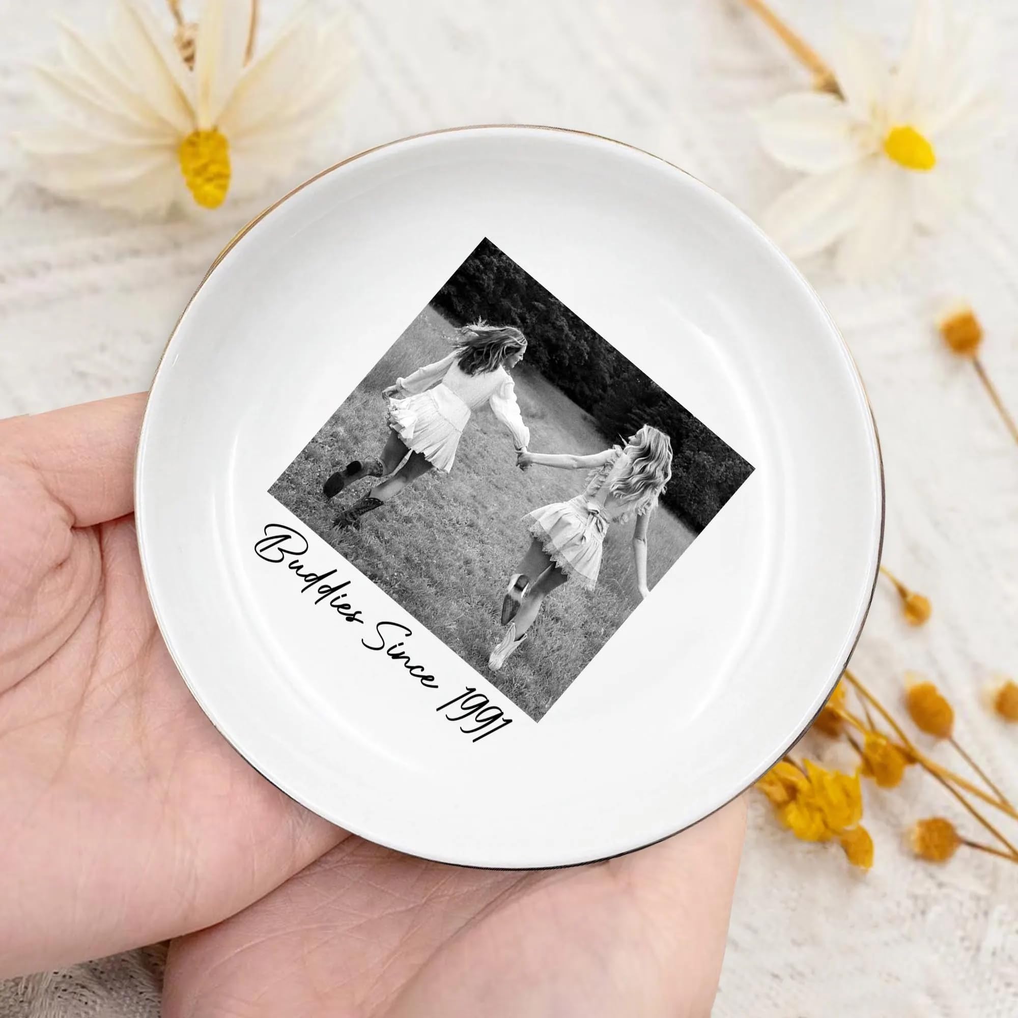 POPPOP Personalized Bestie Photo Jewelry Dish, Custom Ceramic Trinket Tray for Best Friend or Sister, Friendship Gift for Women, Birthday Christmas Keepsake for BFF