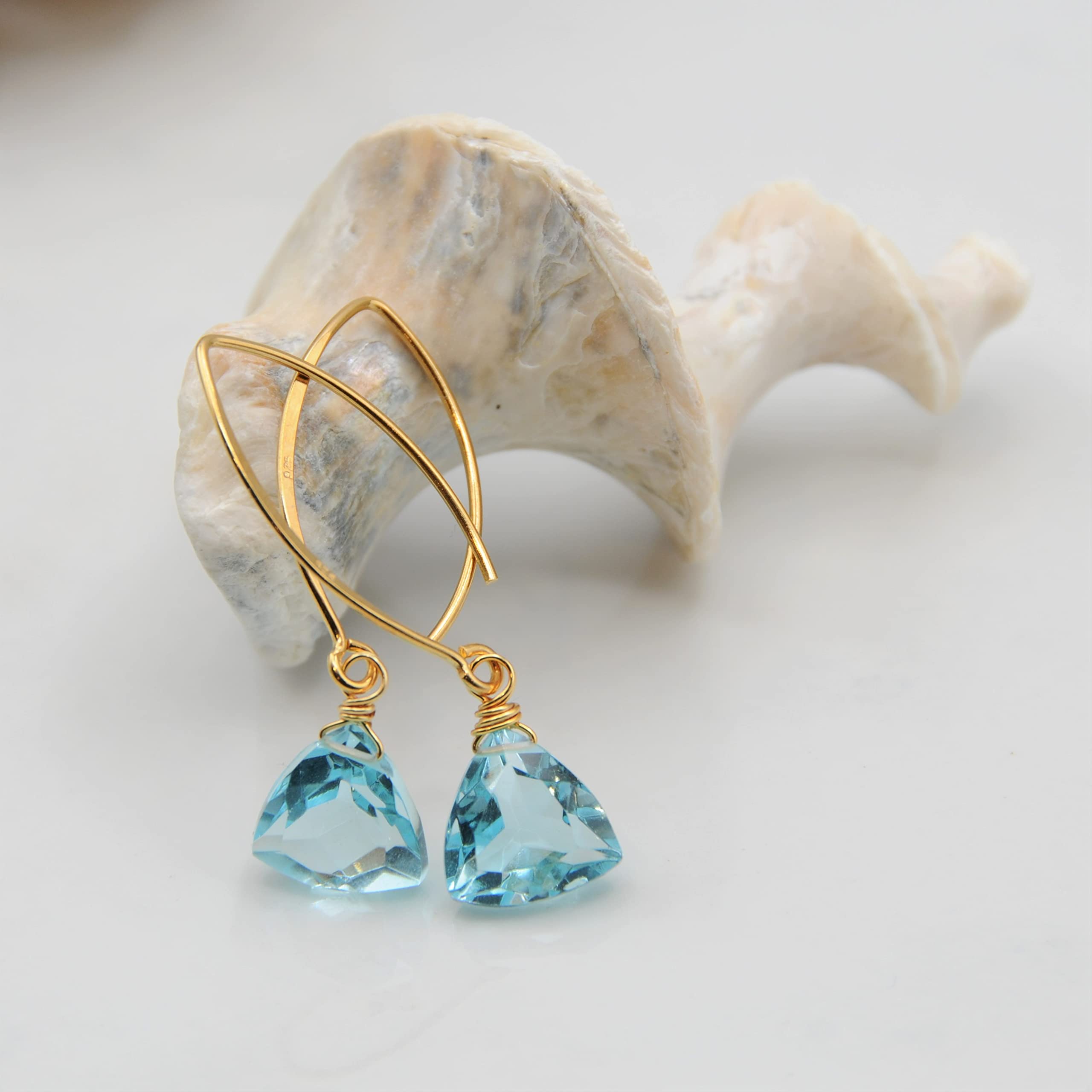 Aquamarine Blue Quartz Trillion 14k Gold Plated Sterling Silver Earrings