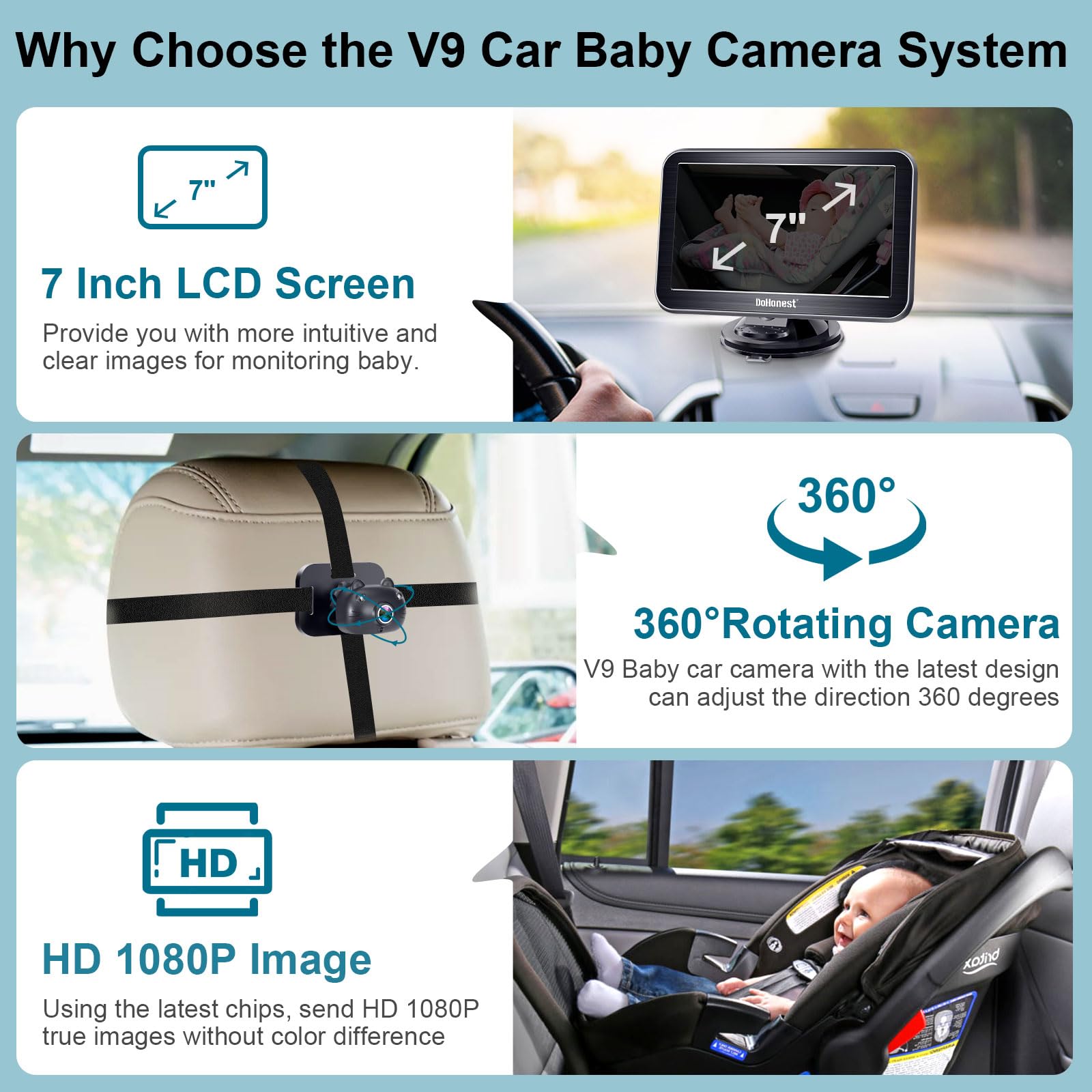 DoHonest Baby Car Camera 7-Inch: USB Plug and Play Easy Setup 360° Rotating Backseat Camera Two Kids HD 1080P Rear Facing Car Seat Camera Clear Night Vision -V9