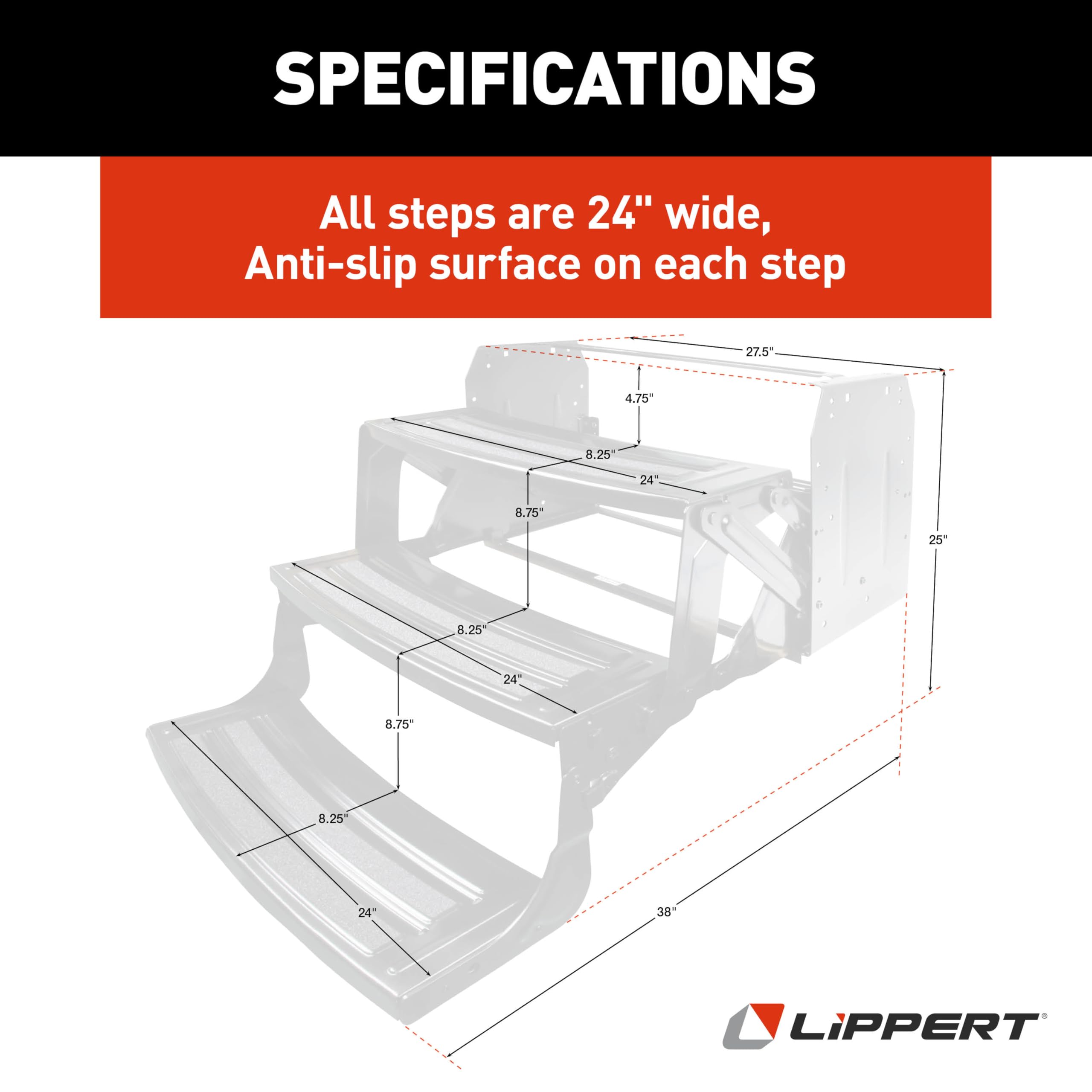 Lippert 24" Radius Triple Manual RV Steps, 9" Rise for 5th Wheel RVs, Travel Trailers and Motorhomes, Anti-Slip Stepping Surface - 1774401