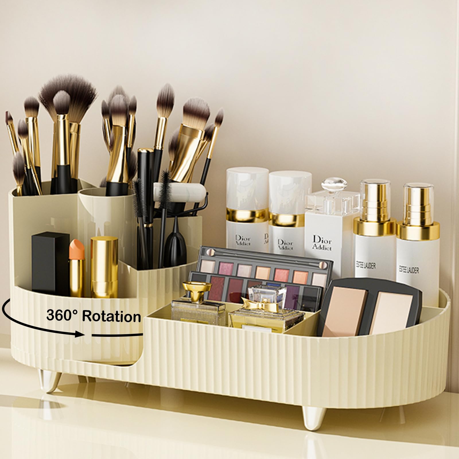 Rotating Makeup Organizer for Vanity with Brush Holder, Cosmetic Makeup Storage Organizer, Large Spinning Makeup Skincare Organizer, Countertop Makeup Perfume Organizer, Lotions Display Case (Ivory)