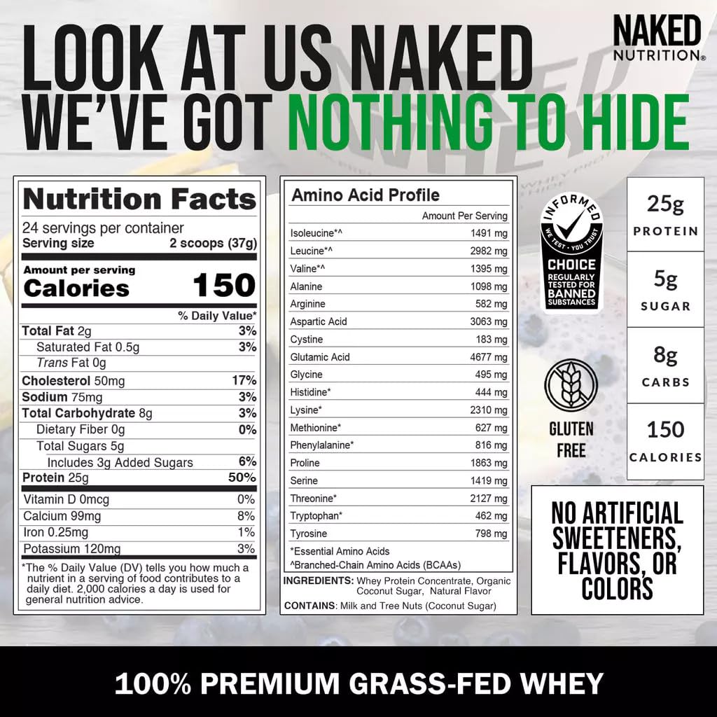 Naked Whey Vanilla Protein Powder - Only 3 Ingredients - Grass Fed Whey Protein Powder, Vanilla Flavor, and Organic Coconut Sugar, No GMO, No Soy, and Gluten Free - 24 Servings