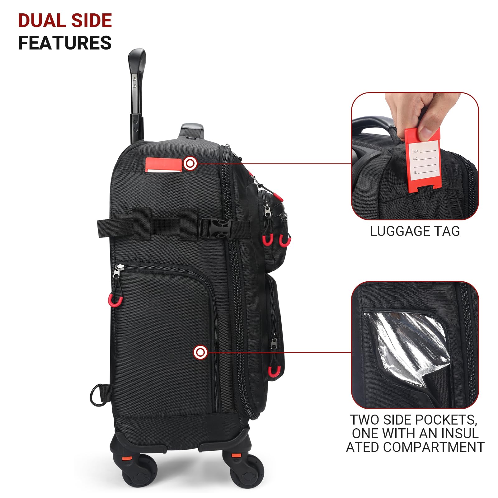 Rolling Backpack with Wheels - Water-Resistant, Comes with 2 Extra Replacement Wheels. Airline Approved Underseat Travel Luggage, Ideal 18*14*8 Personal Item Suitcase Backpack, Fits 15.6 Inch Laptop