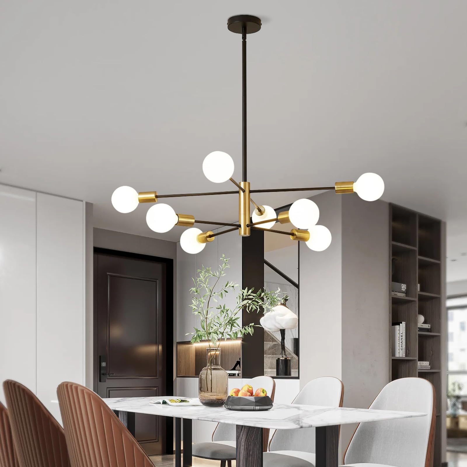 Chandelier, 8-Light Chandeliers for Dining Room, Sputnik Chandeliers with E26 Base, Modern Chandelier for Bedroom, Gold&Black Sputnik Ceiling Light Fixture, Chandelier for Living Room, Bedroom,Kitchen