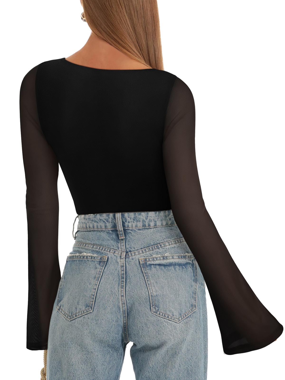 REORIA Women's Fall Trendy Sexy Boat Neck Long Sleeve Sheer Mesh Slimming Going Out Bodysuit Tops For Vacation Black Large-