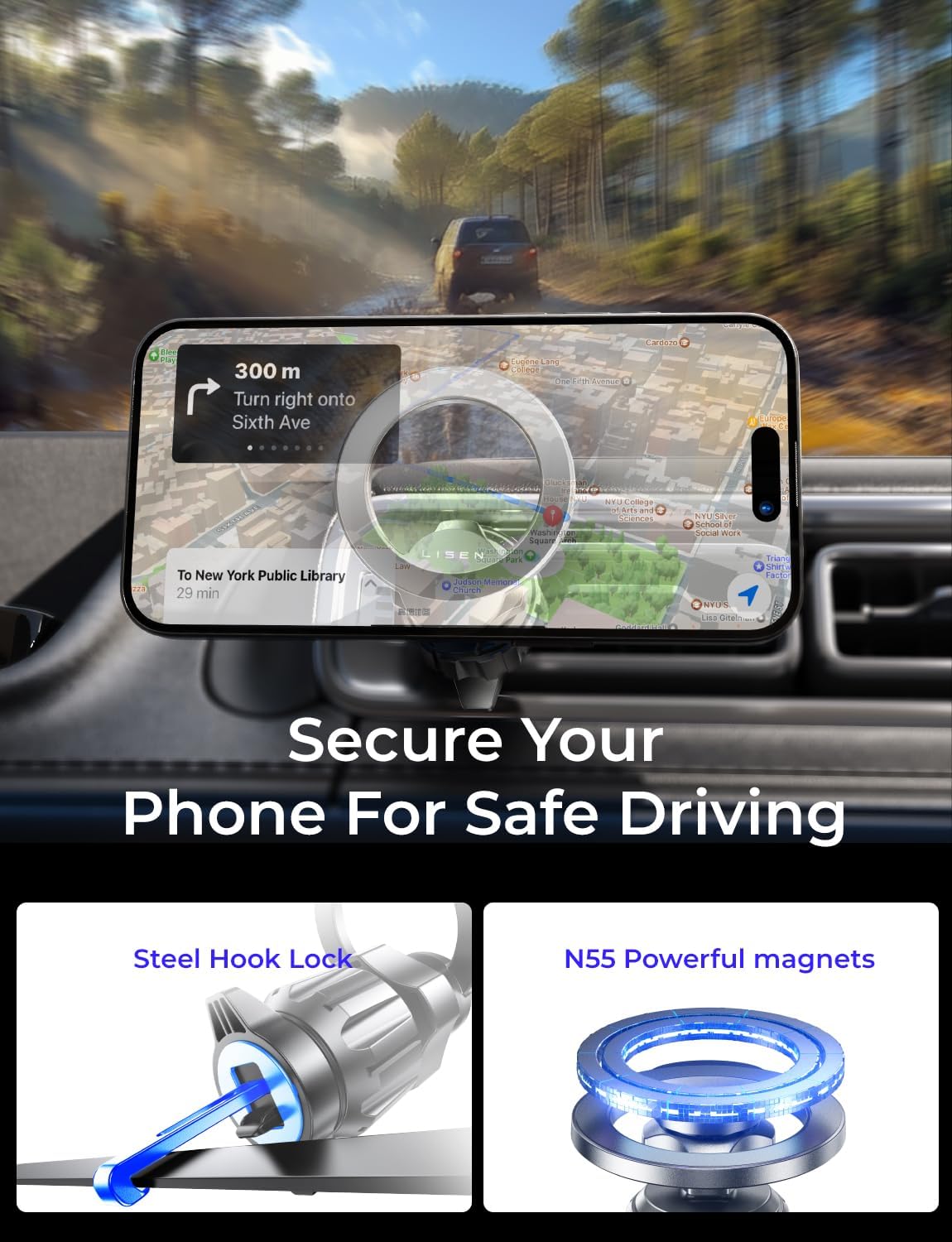 LISEN Magnetic Phone Holder for Car, MagSafe Car Mount for iPhone 17 Car Accessories for Men Women Gifts for Christmas [95% Increase Magnet] Car Vent Phone Mount RV Truck Mat Fit GPS iPhone 17 Pro Max