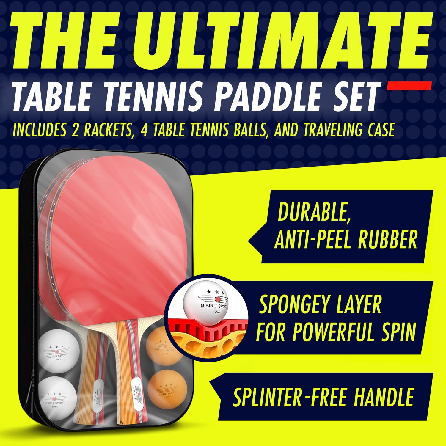 NIBIRU SPORT Professional Ping Pong Paddles Set of 2 - Table Tennis Paddles Set of 2 with 4 Balls and Carry Bag/Storage Case - Table Tennis Equipment & Ping Pong Accessories