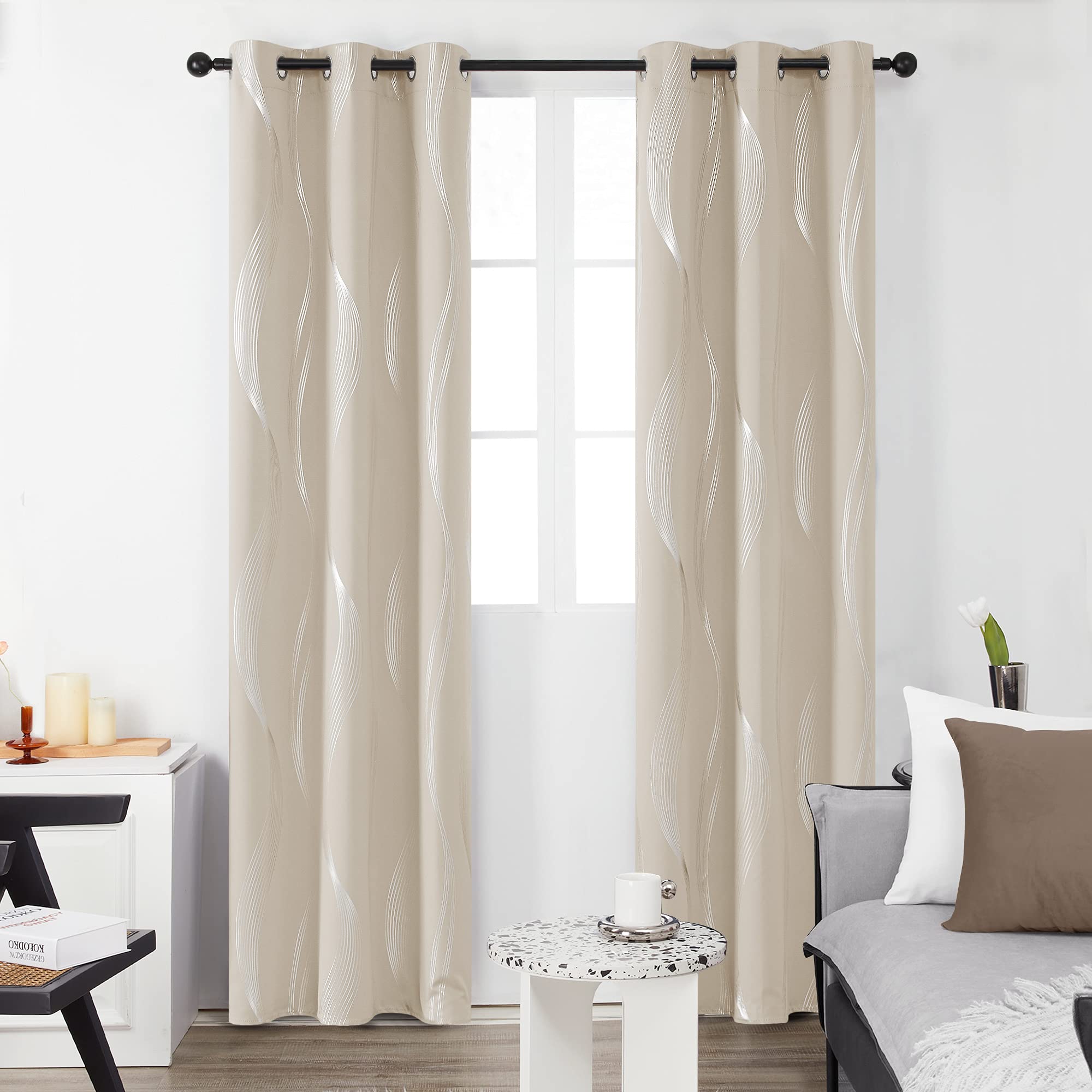 Deconovo Blackout Curtains, Room Darkening Foil Print Wave Grommet Window Drapes, Grommet Curtains for Bedroom, 42x90 Inch, Light Beige, 2 Panels