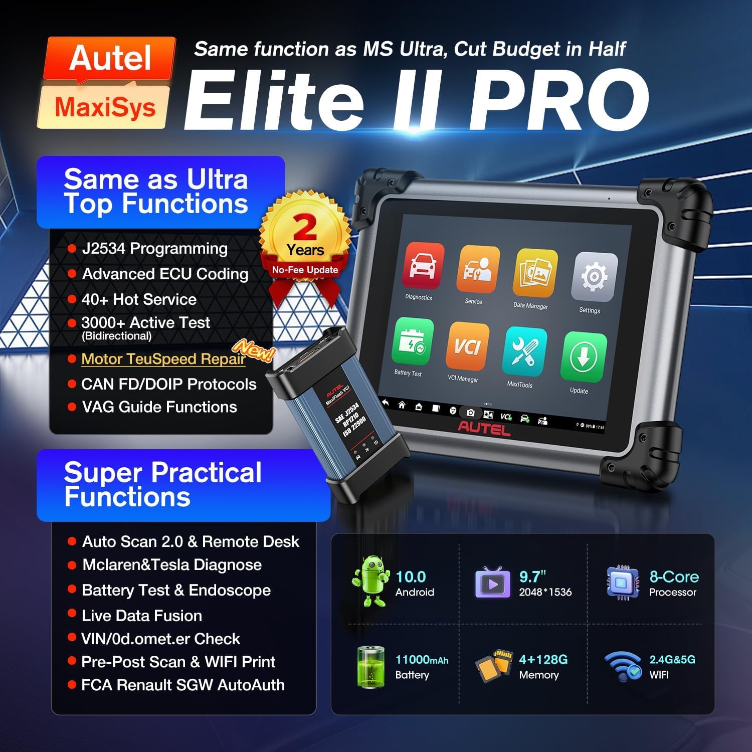 2025 Autel MaxiSys Elite II PRO, 2-Year Free Update [$2590] Elite 2 PRO, J2534 Programming Coding, Same as MSUltra MS919 MS909, 3K+ Tests, Bidirectional Diagnostic Scanner, CANFD & DoIP, FCA, 10.0 OS