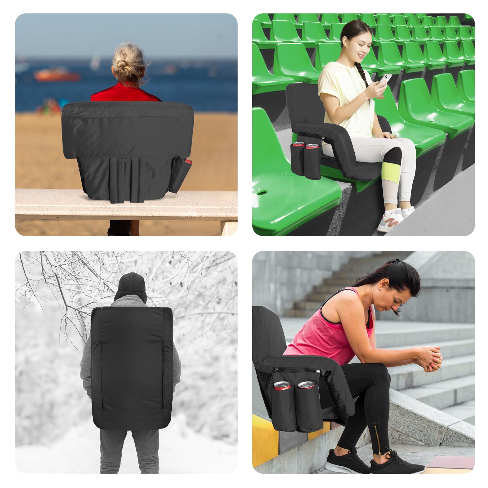 Set of 2 Stadium Seats for Bleachers with Back Support, Padded Cushion Portable Reclining Bleacher Seats, Outdoor Folding Chairs for Adults, Camping Stadium Chair Waterproof (Black)