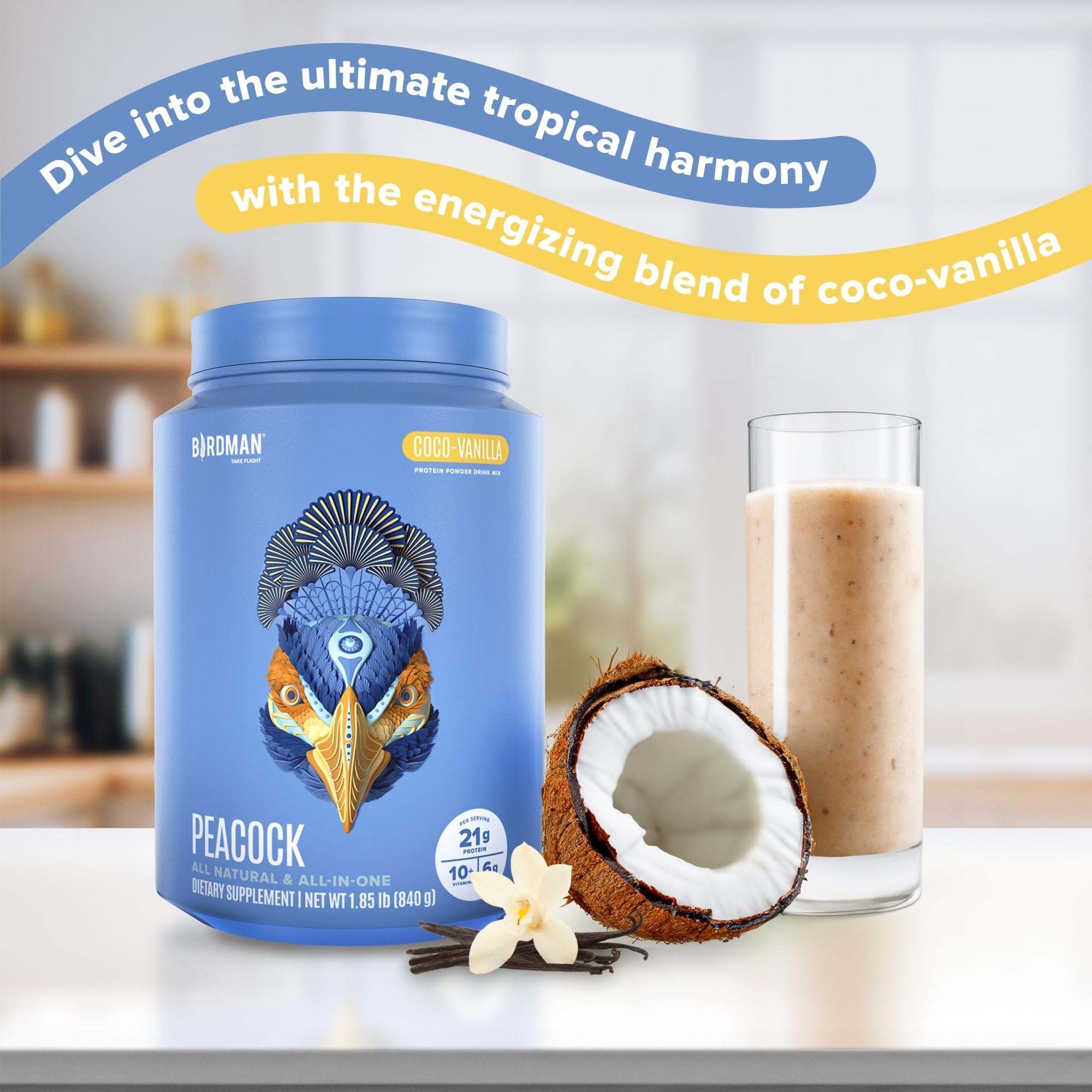 BIRDMAN Peacock Vegan Protein Powder | Complete Plant Based Meal Replacement Shake with Magnesium, Vitamin D, MCT Oil | All in One Supplement for Men and Women | Smooth Texture | Coco Vanilla Flavor