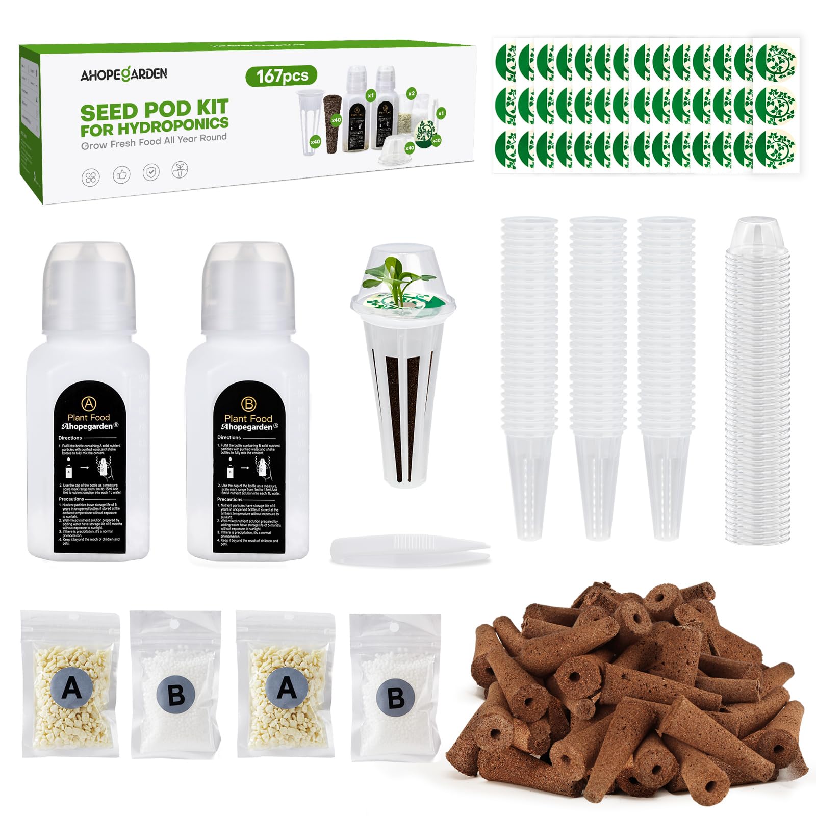 Ahopegarden 167 Pcs Seed Kit for Aerogarden for Gardencube Hydroponics Growing System, Grow Kit for Indoor Garden with 40 Grow Sponges, 40 Grow Baskets, 40 Covers, 40 Labels, 6 A&B Plant Food