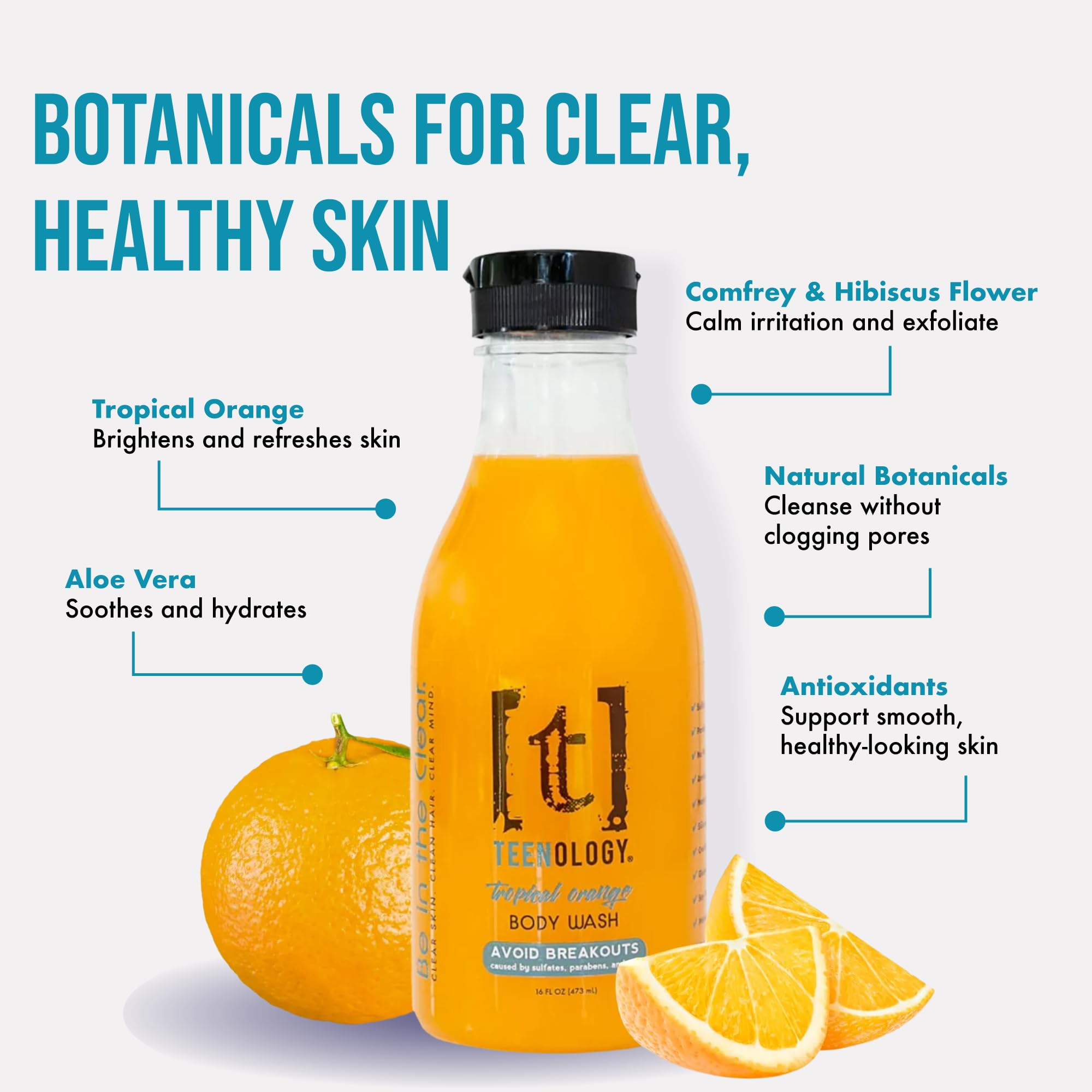 Teenology Body Wash for Teens - Avoid Body Acne and Breakouts - Sulfate and Paraben Free, Natural Botanical Extracts (Tropical Orange)
