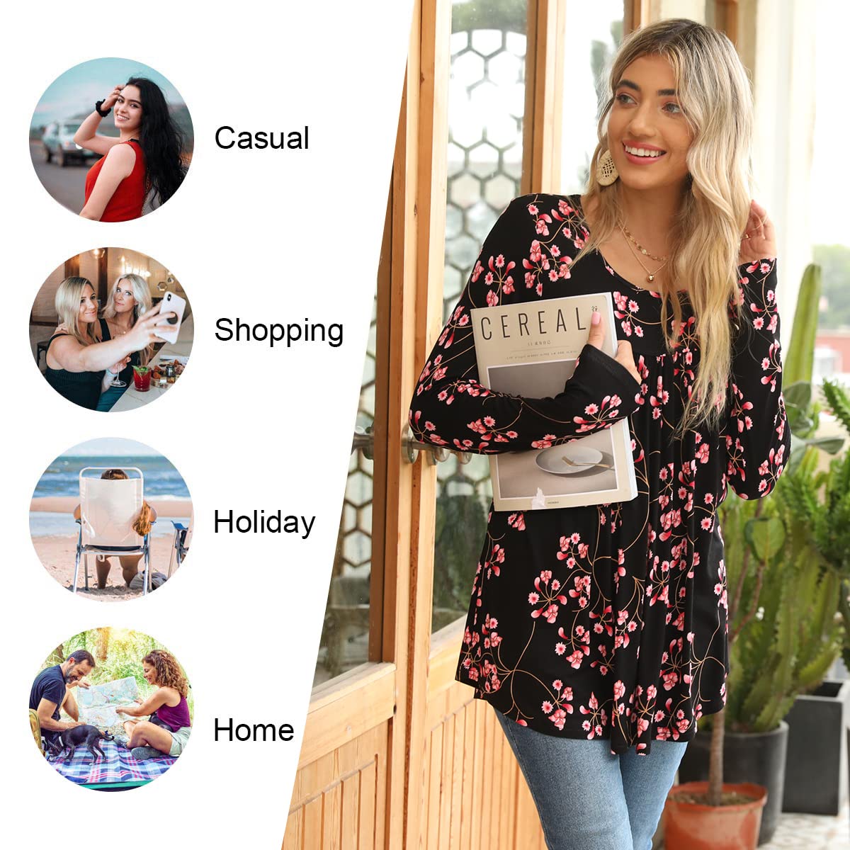 LONGYUAN Ladies Stretchy Blouse Comfy Printed Top Long Sleeve Loose Flare Tunic Tops White Lily Medium